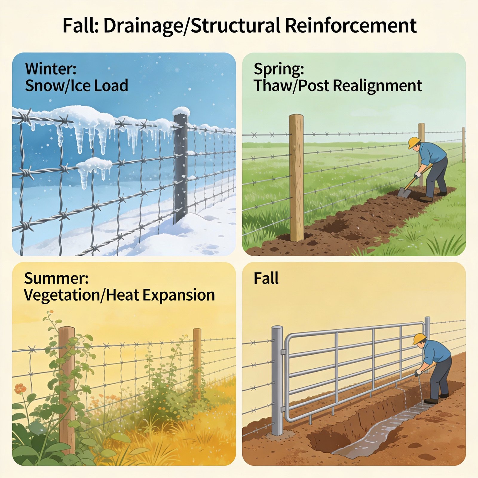 Four-season maintenance overview showing winter, spring, summer, and fall fence conditions