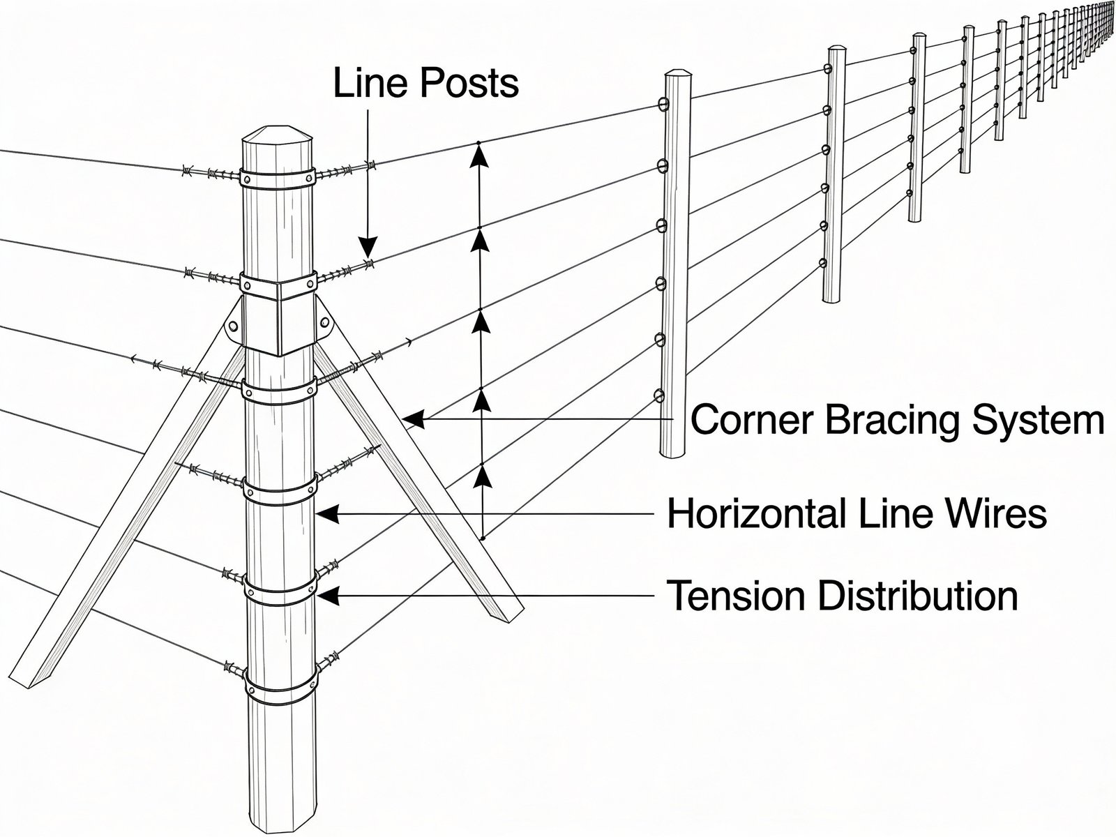 Woven wire fence post spacing and tension distribution diagram showing line posts and wire load