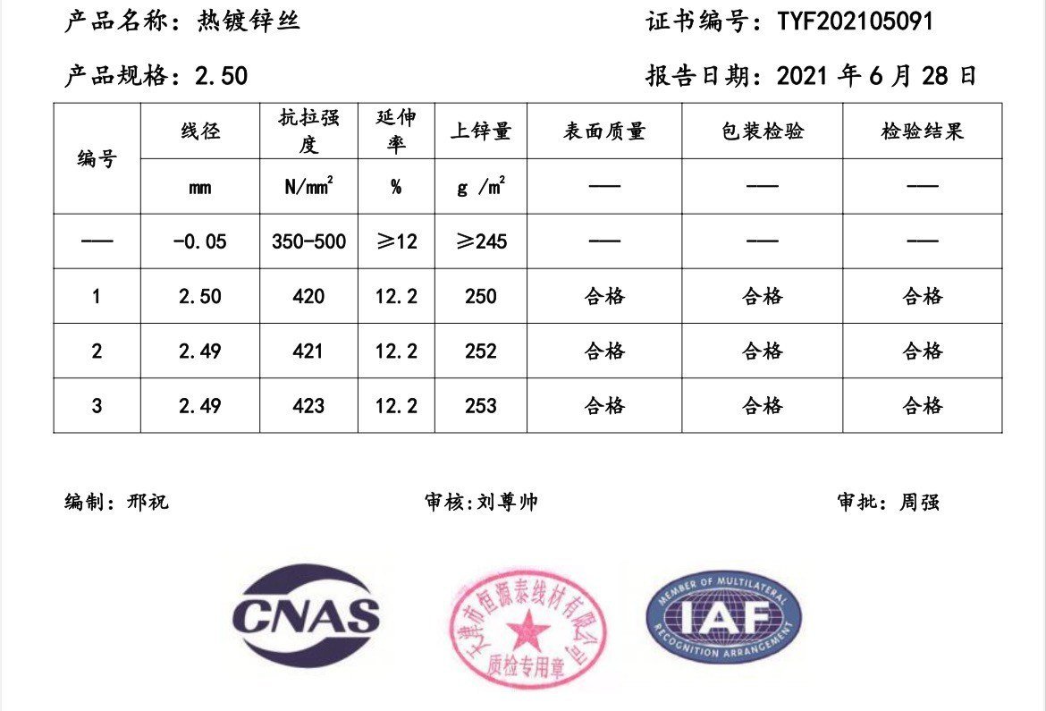 Third-party mill test report for hot-dip galvanized cattle fence wire from a CNAS-accredited laboratory
