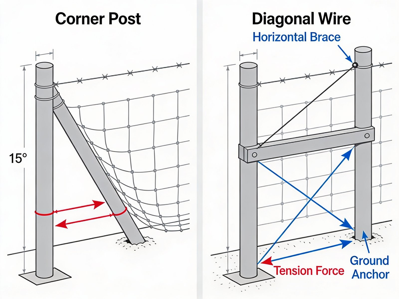 Diagram showing how proper corner bracing transfers woven wire fence tension into the ground