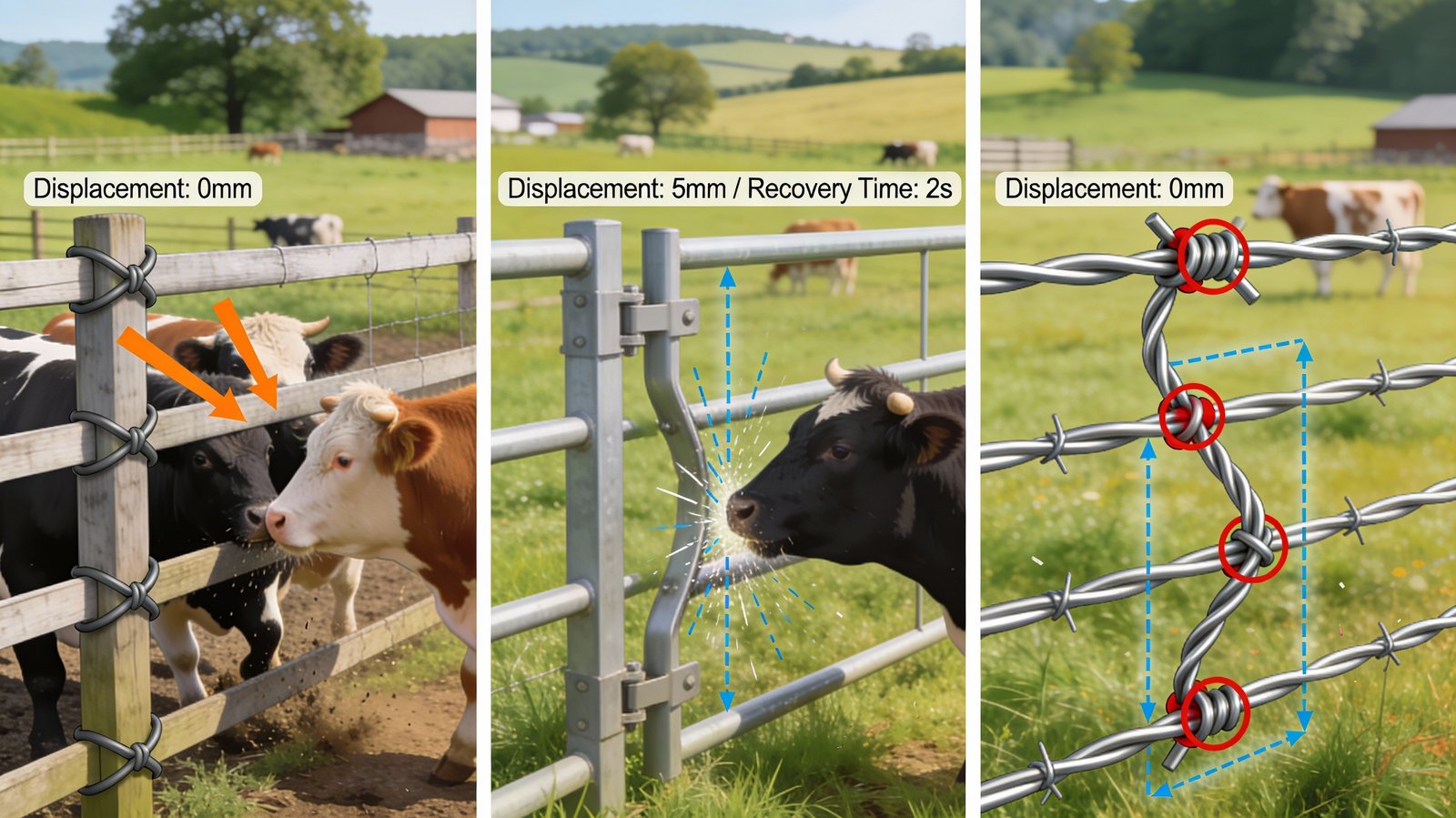 Performance comparison under livestock pressure showing rigidity and flexibility of fence knot types