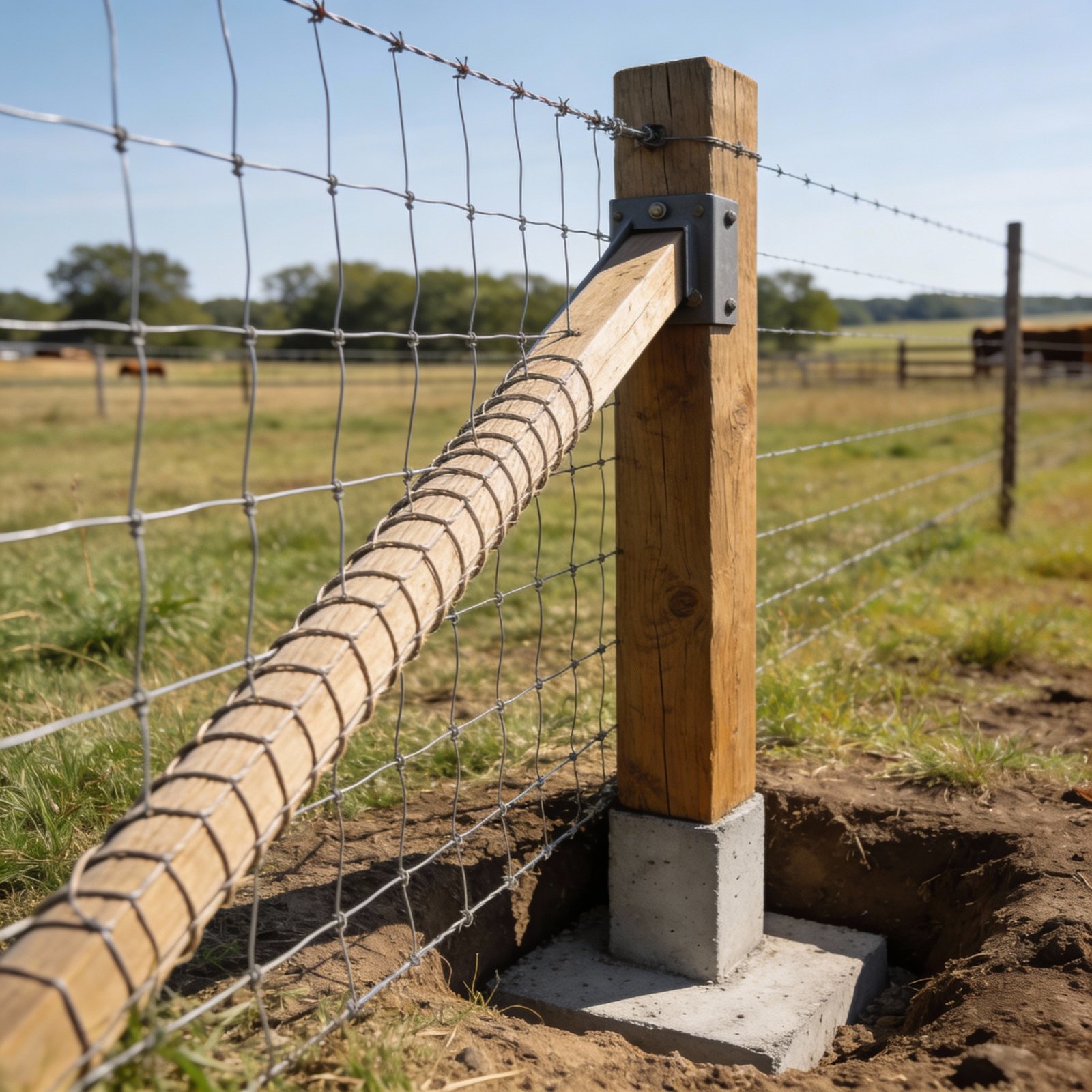 Reinforced corner post with bracing for woven wire cattle fence installation
