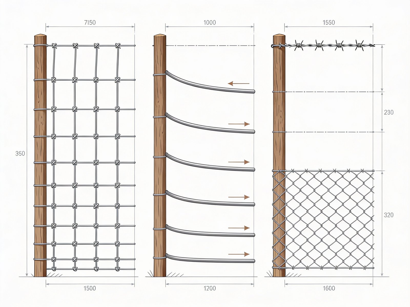Cattle fence wire configurations comparing fixed knot woven wire, high tensile wire, and barbed wire
