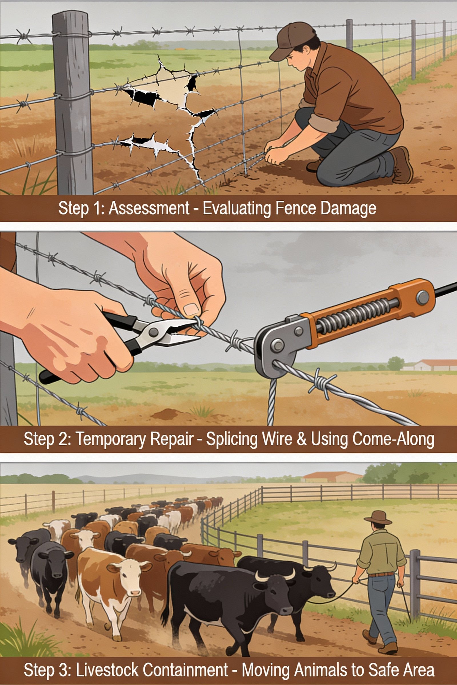 Emergency fence repair workflow showing assessment, temporary repair, and livestock containment steps