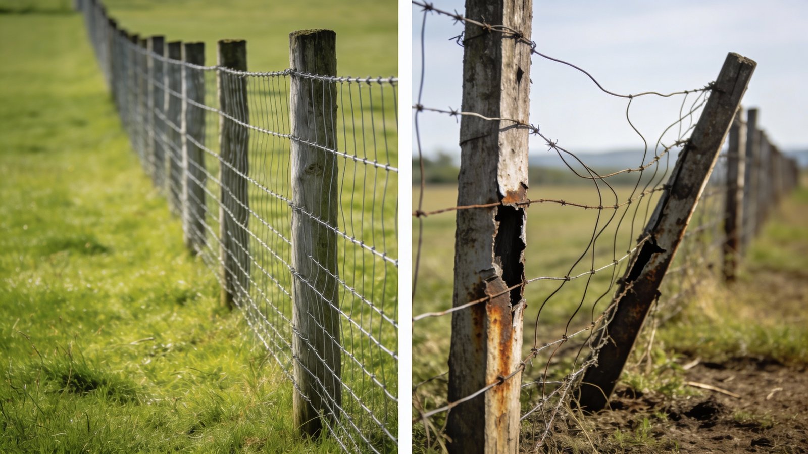 Split comparison showing well-maintained fence versus damaged fence with sagging wire and leaning posts