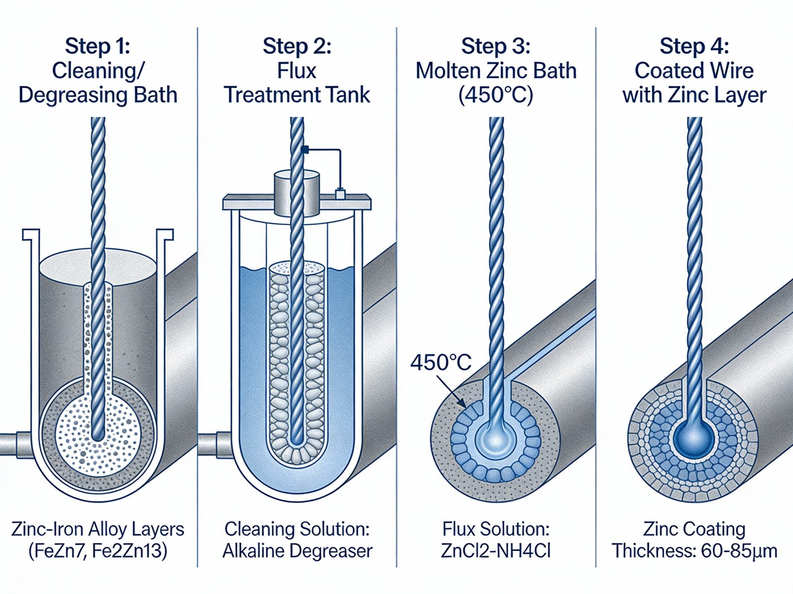 Diagram showing hot-dip galvanization and electroplating processes applied to steel wire