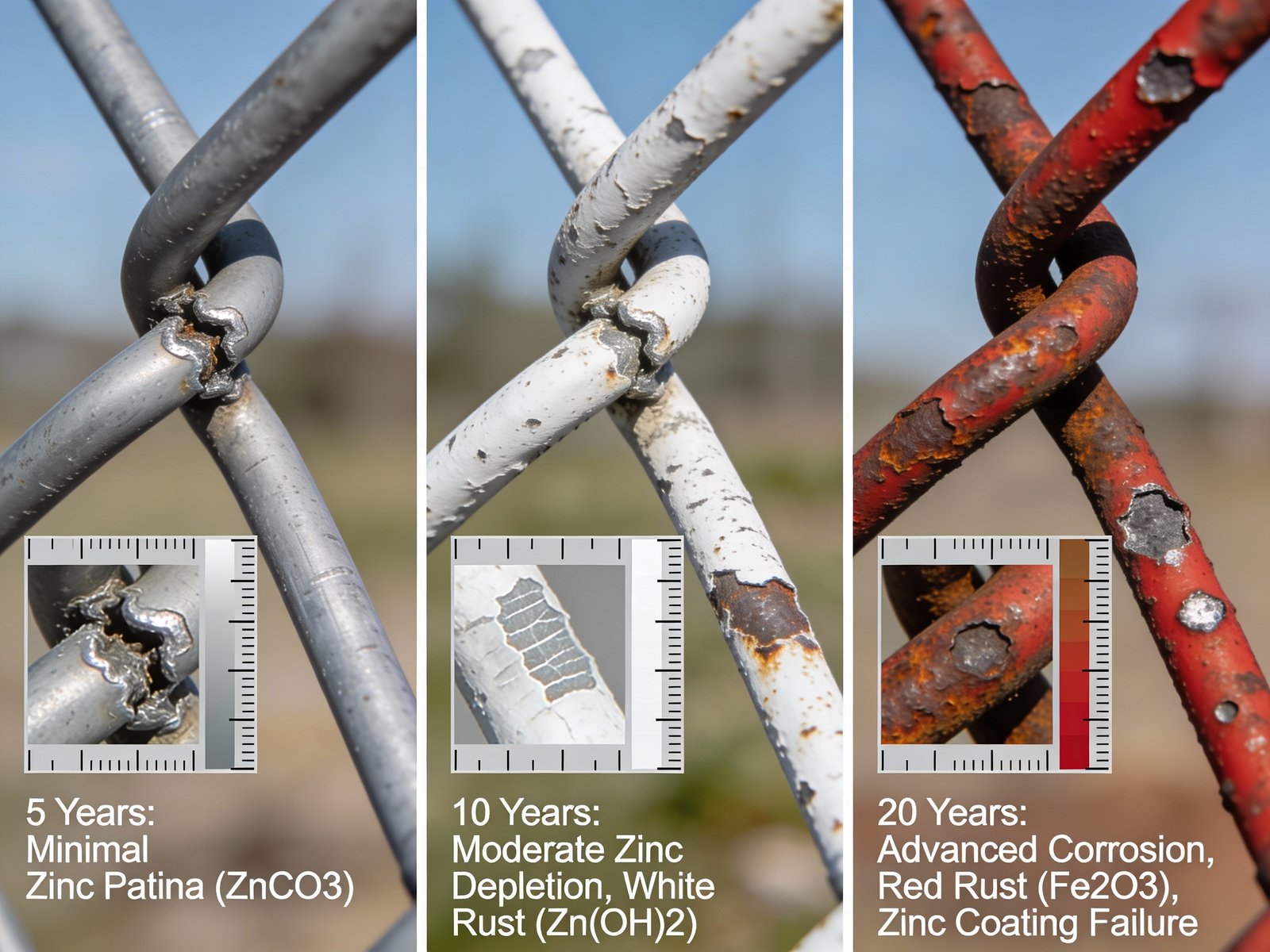 Field photographs comparing corrosion damage on fence wire after 5, 10, and 20 years in different environments