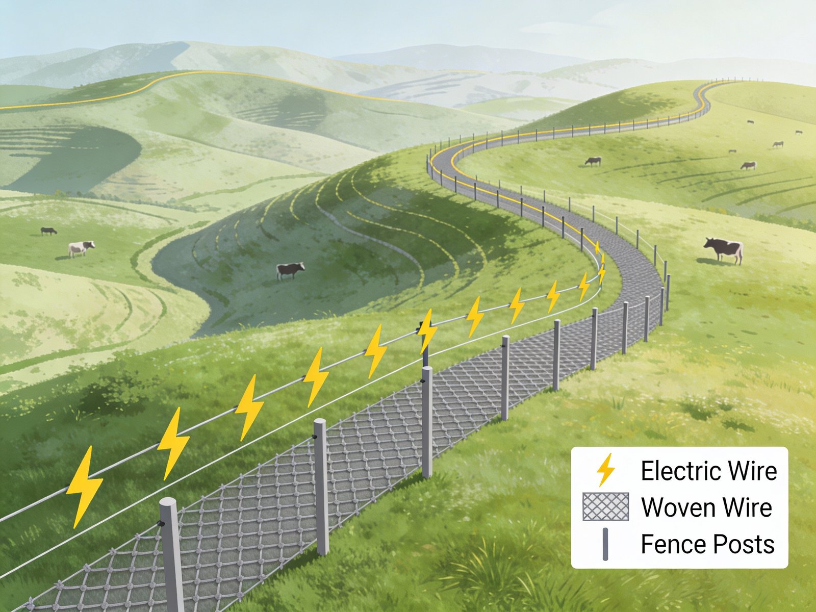 Illustrated fence layout on varied terrain showing hybrid system placement