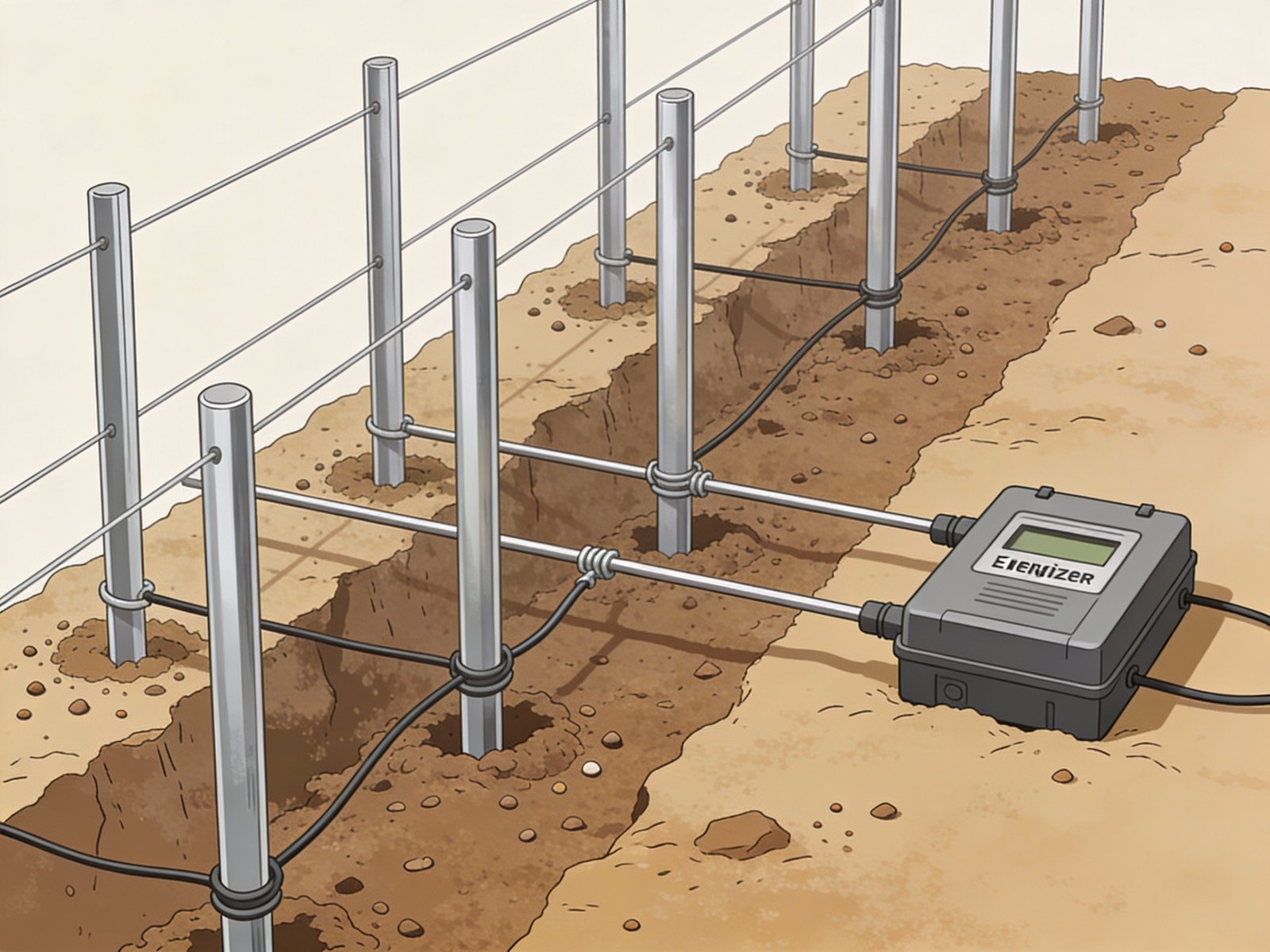 Electric fence grounding system with multiple ground rods