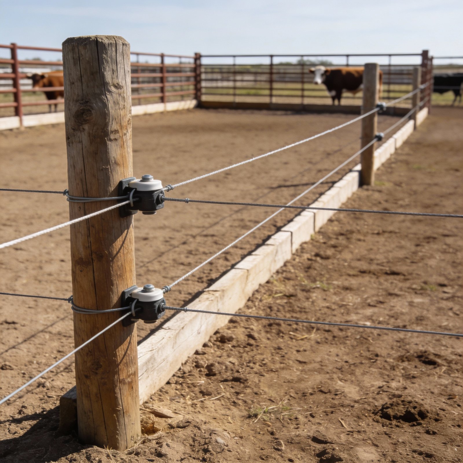 Small cattle training paddock with physical fence and electric wire installed inside
