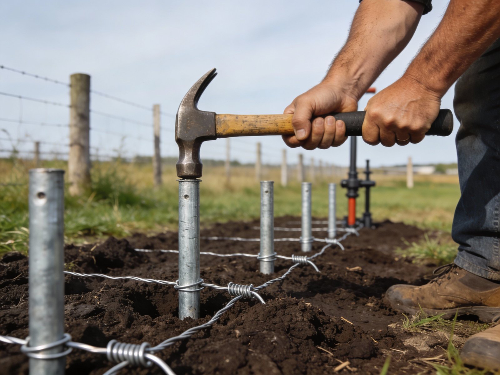 Farmer installing ground rods for electric cattle fence in outdoor pasture