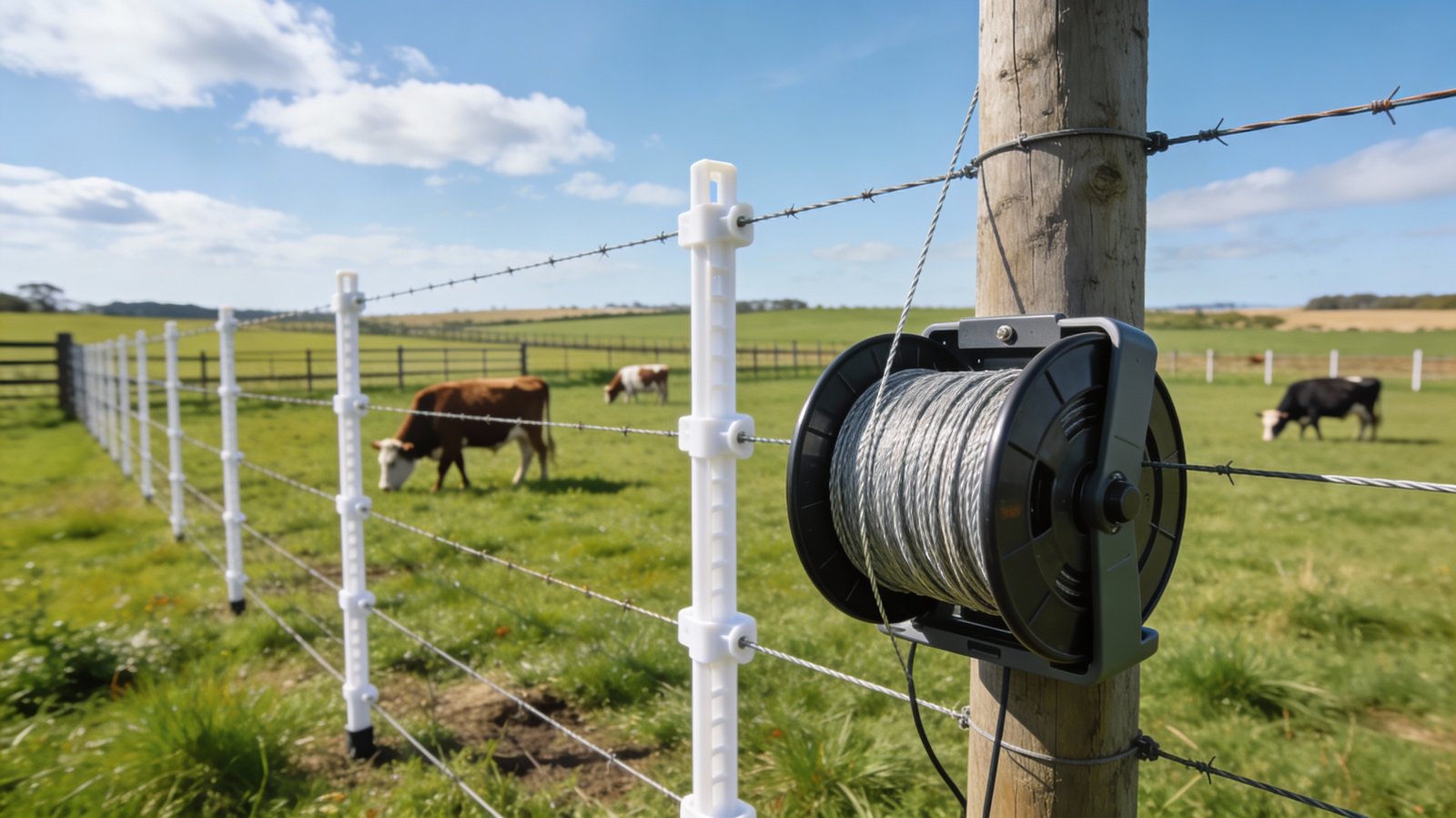Temporary portable electric fencing system for rotational grazing with polywire and step-in posts
