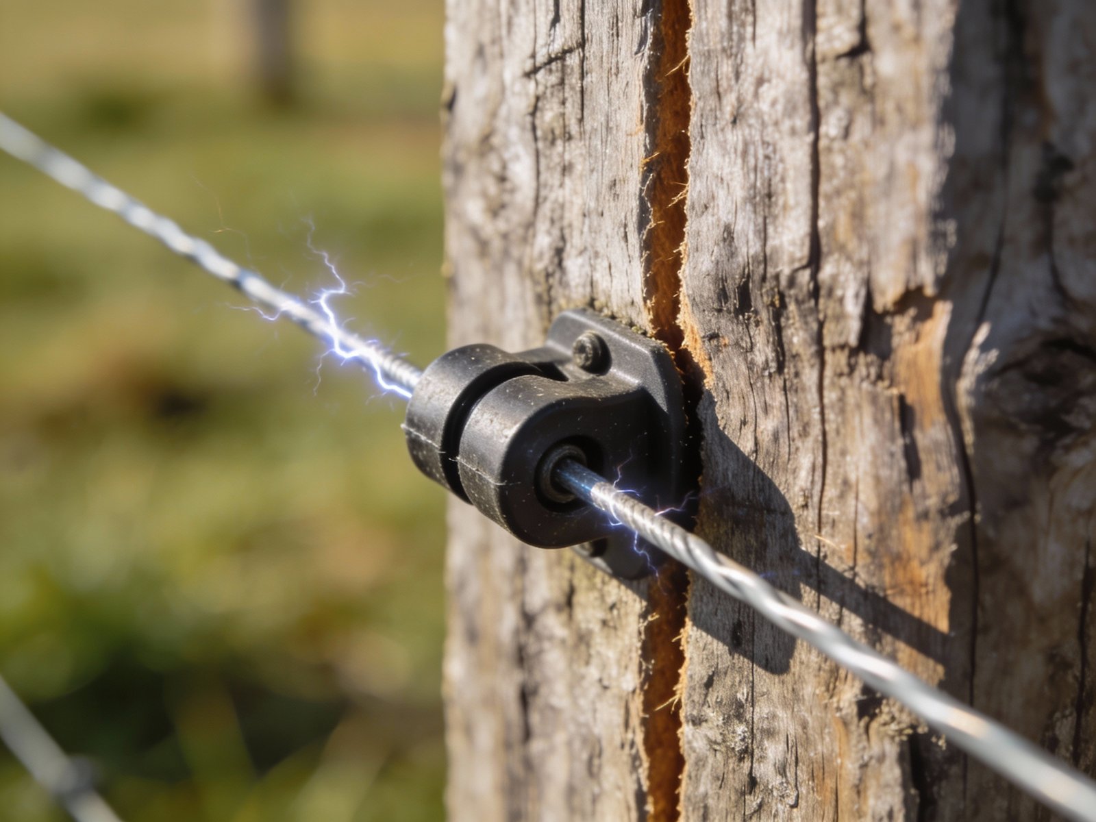 Electric fence insulator preventing voltage leakage to wooden post