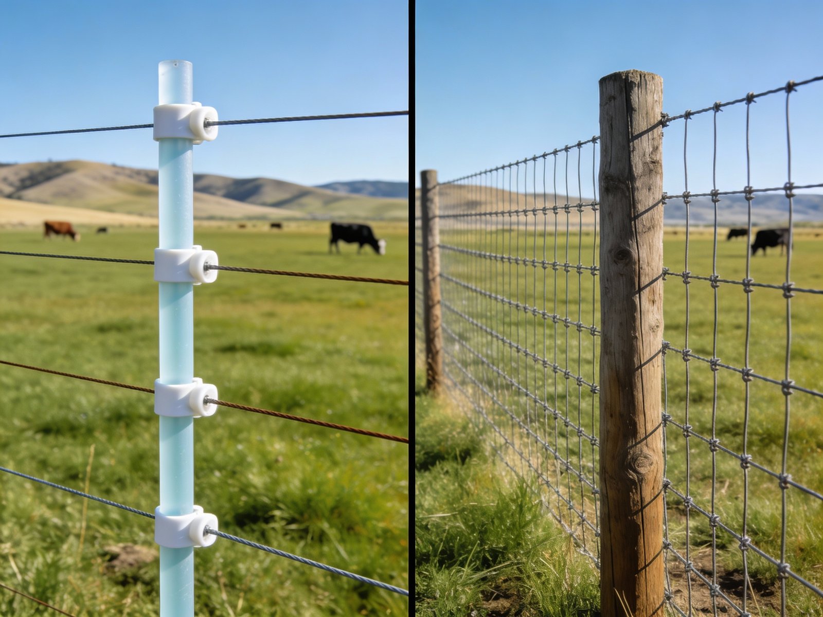 Side-by-side comparison of electric and woven wire cattle fencing systems