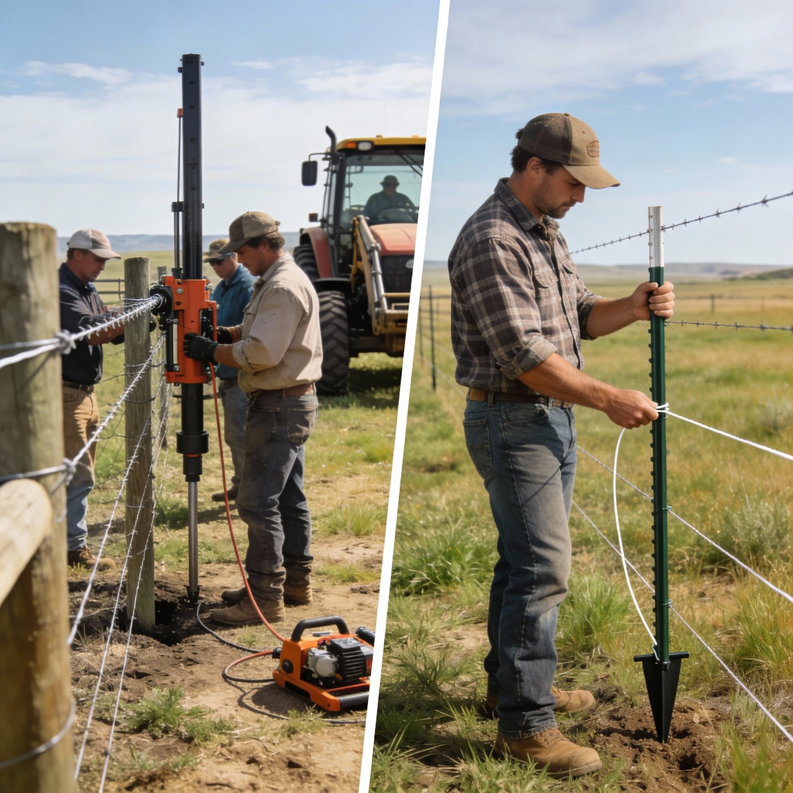 Split comparison showing professional crew installing permanent electric fence with heavy equipment versus single person easily installing temporary electric fence with step-in posts by hand