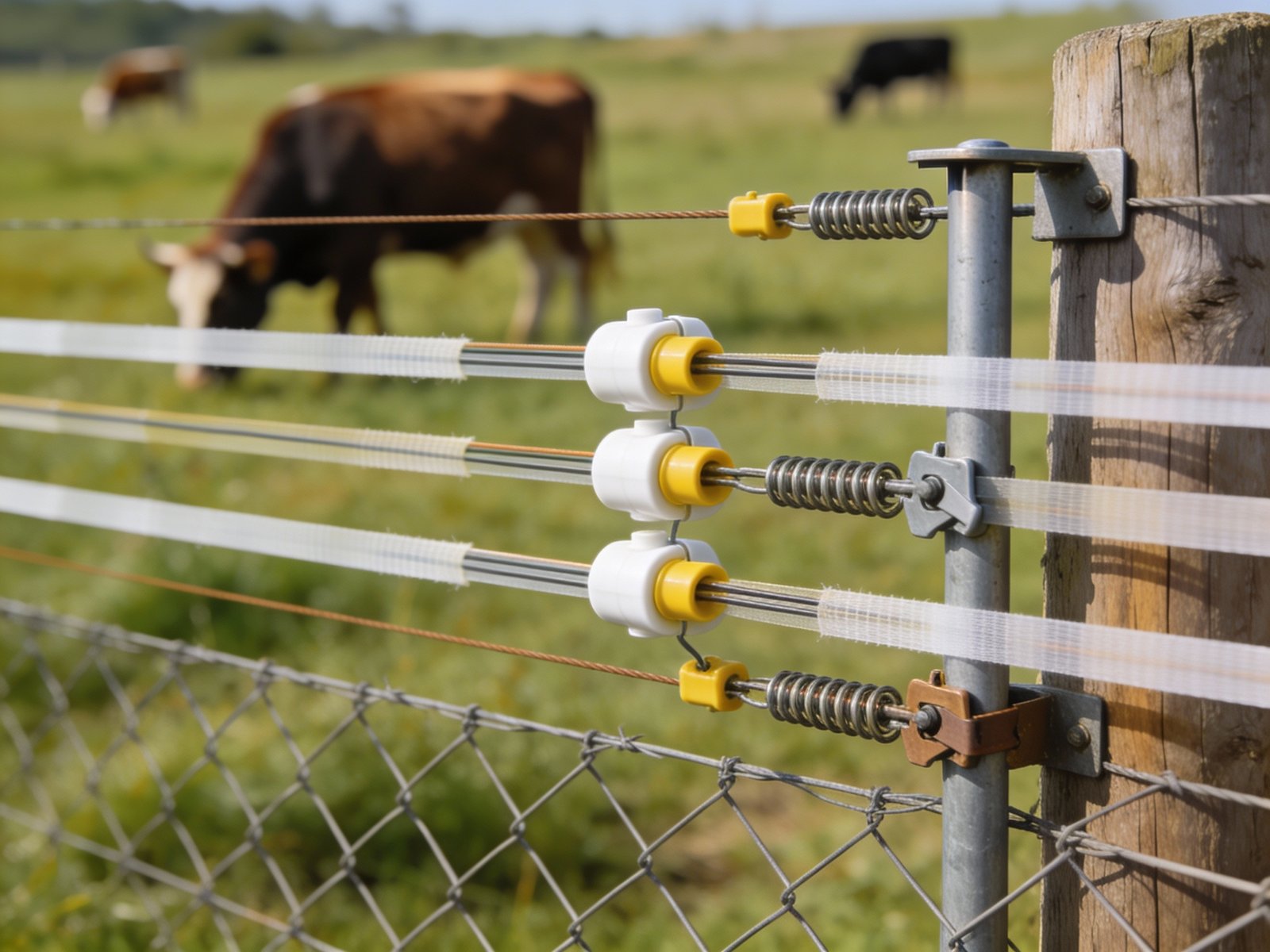 Close-up detail of hybrid fence with woven wire and electric components