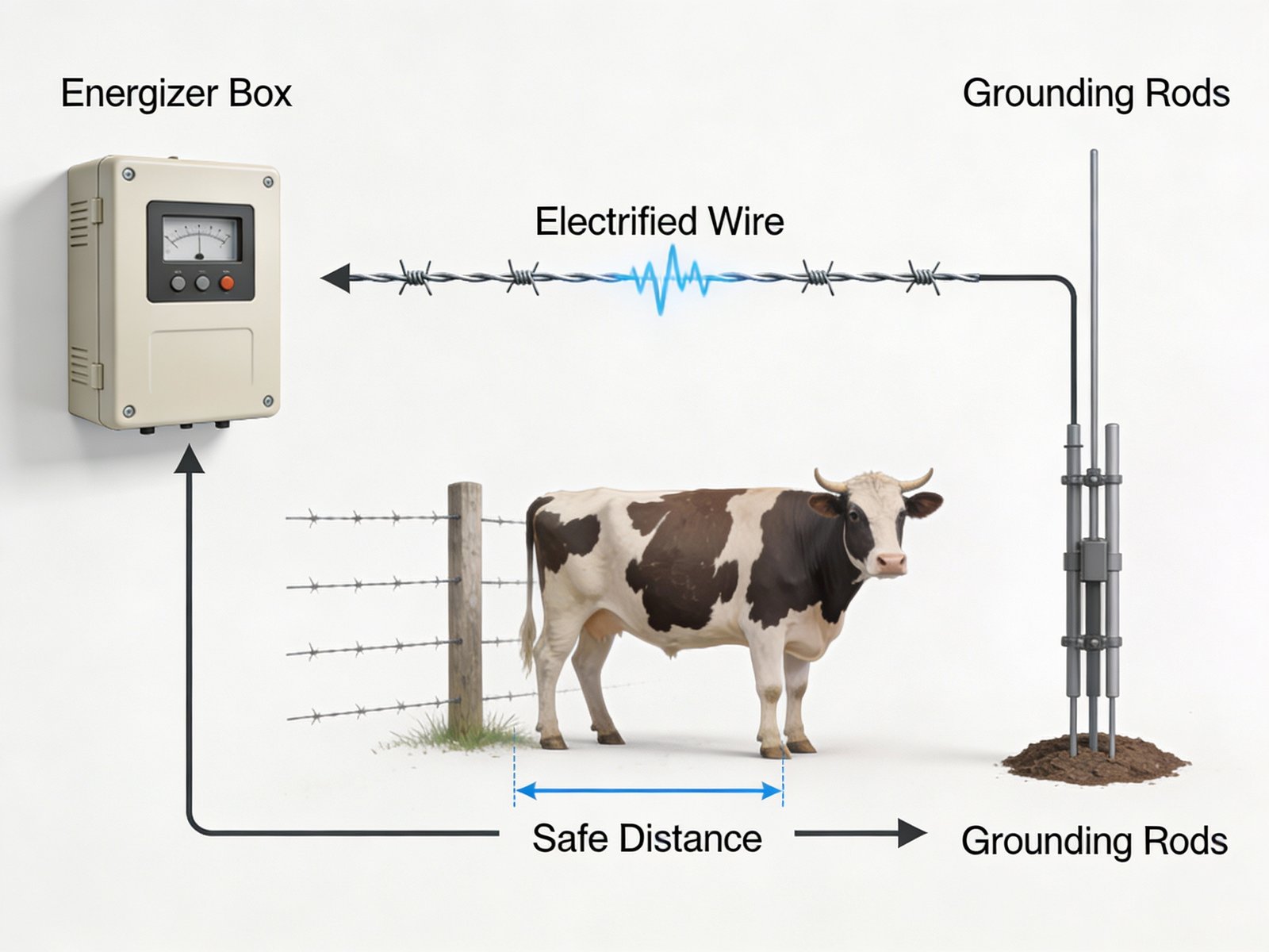 Diagram showing safe operation of an electric cattle fence system
