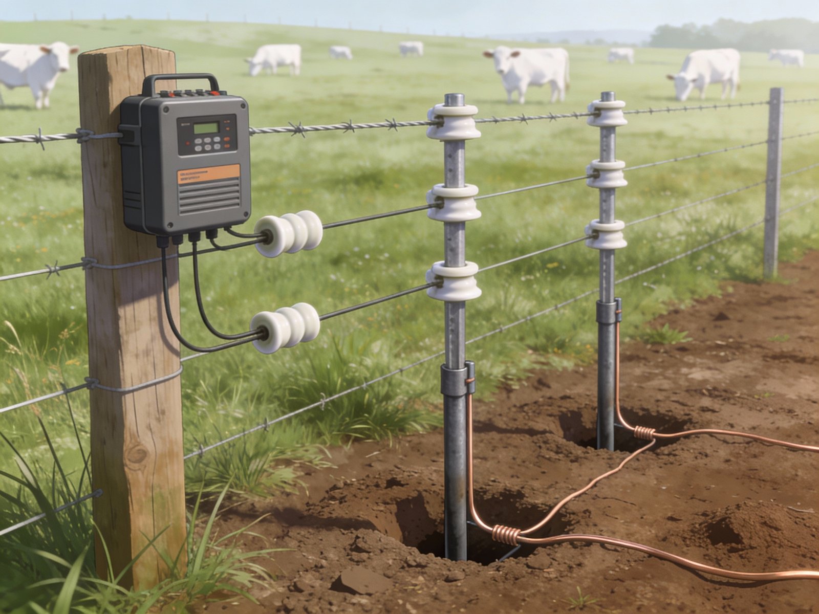 Complete electric cattle fencing system showing energizer, fence wire, insulators, posts, and grounding rods