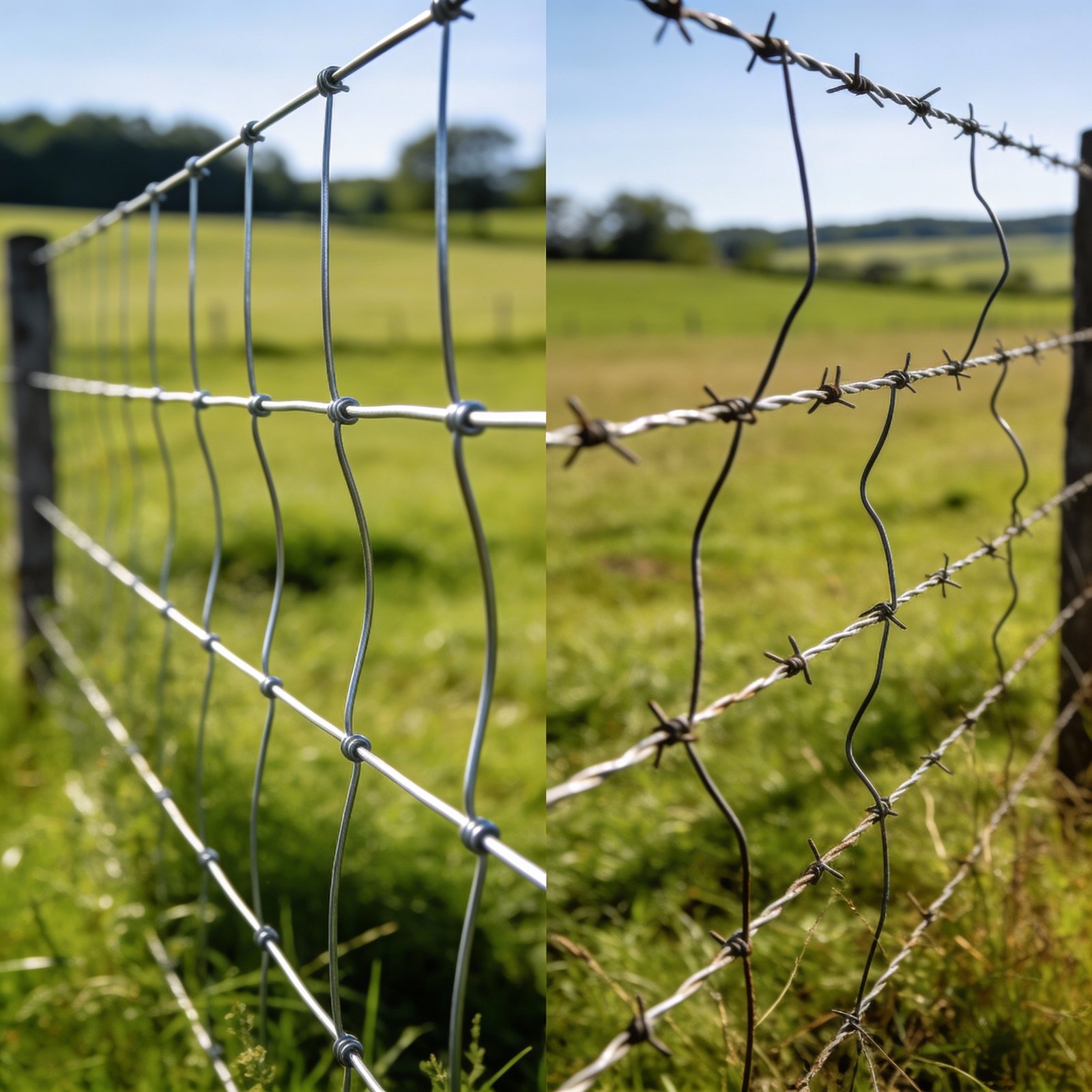 Side-by-side comparison of high tensile smooth wire fence and traditional barbed wire fence
