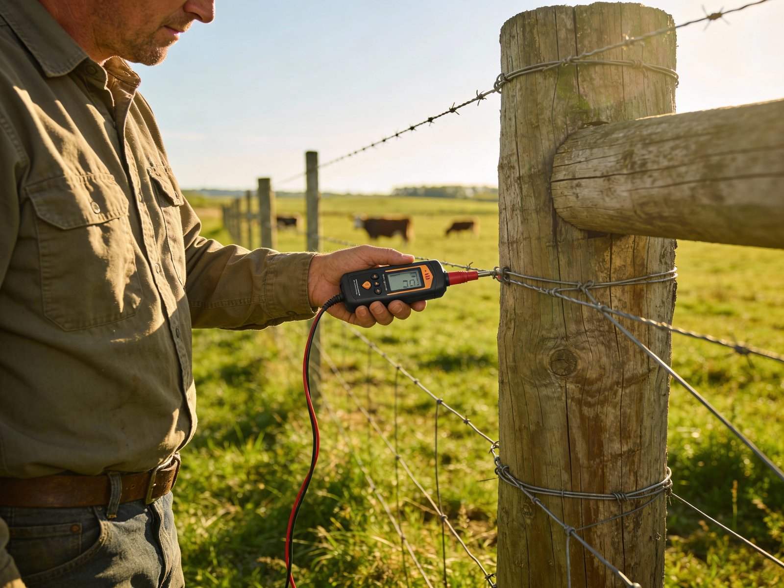 Farmer performing routine electric fence voltage testing in cattle pasture