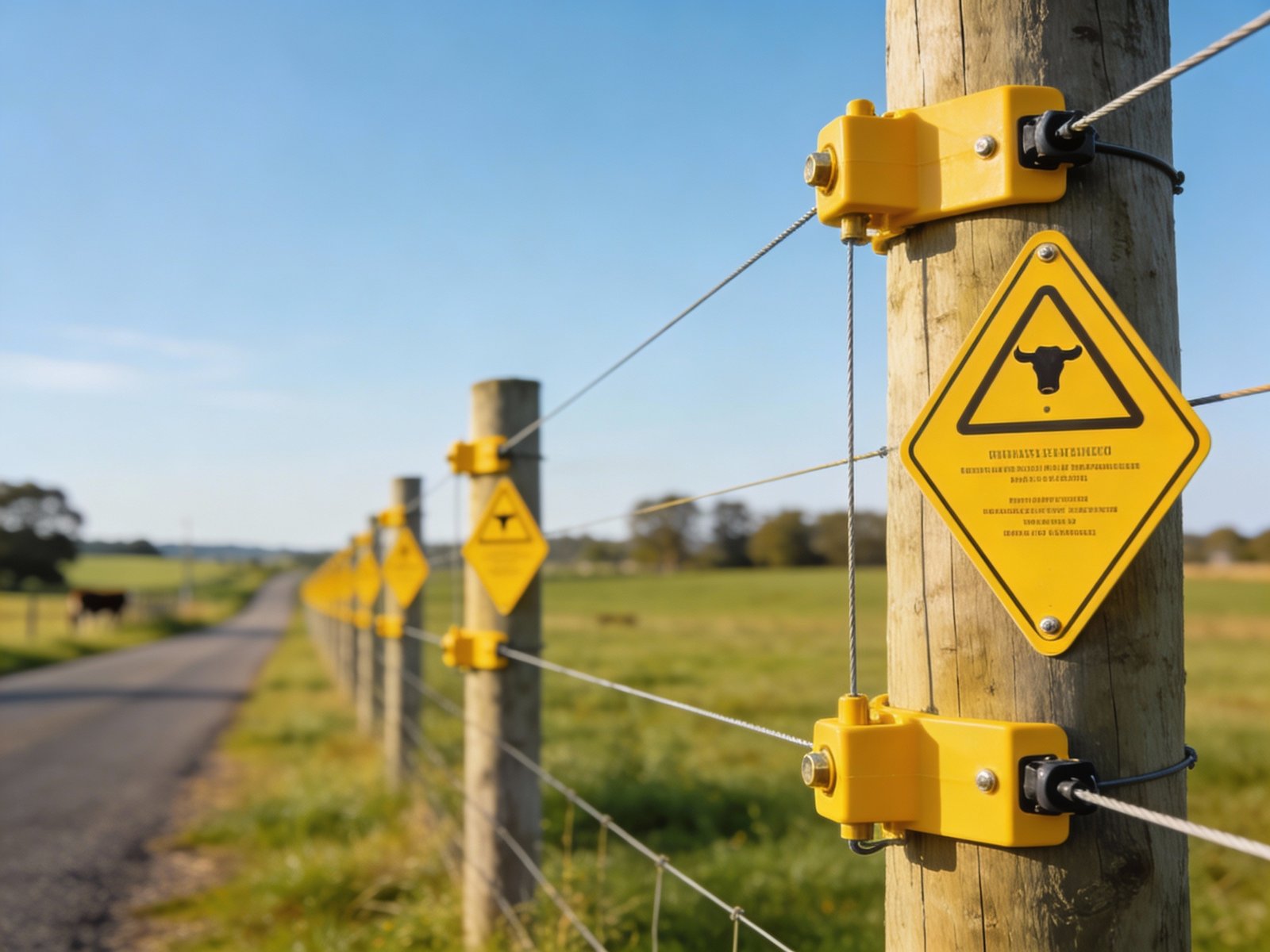 Electric cattle fence with visible warning signs near rural road