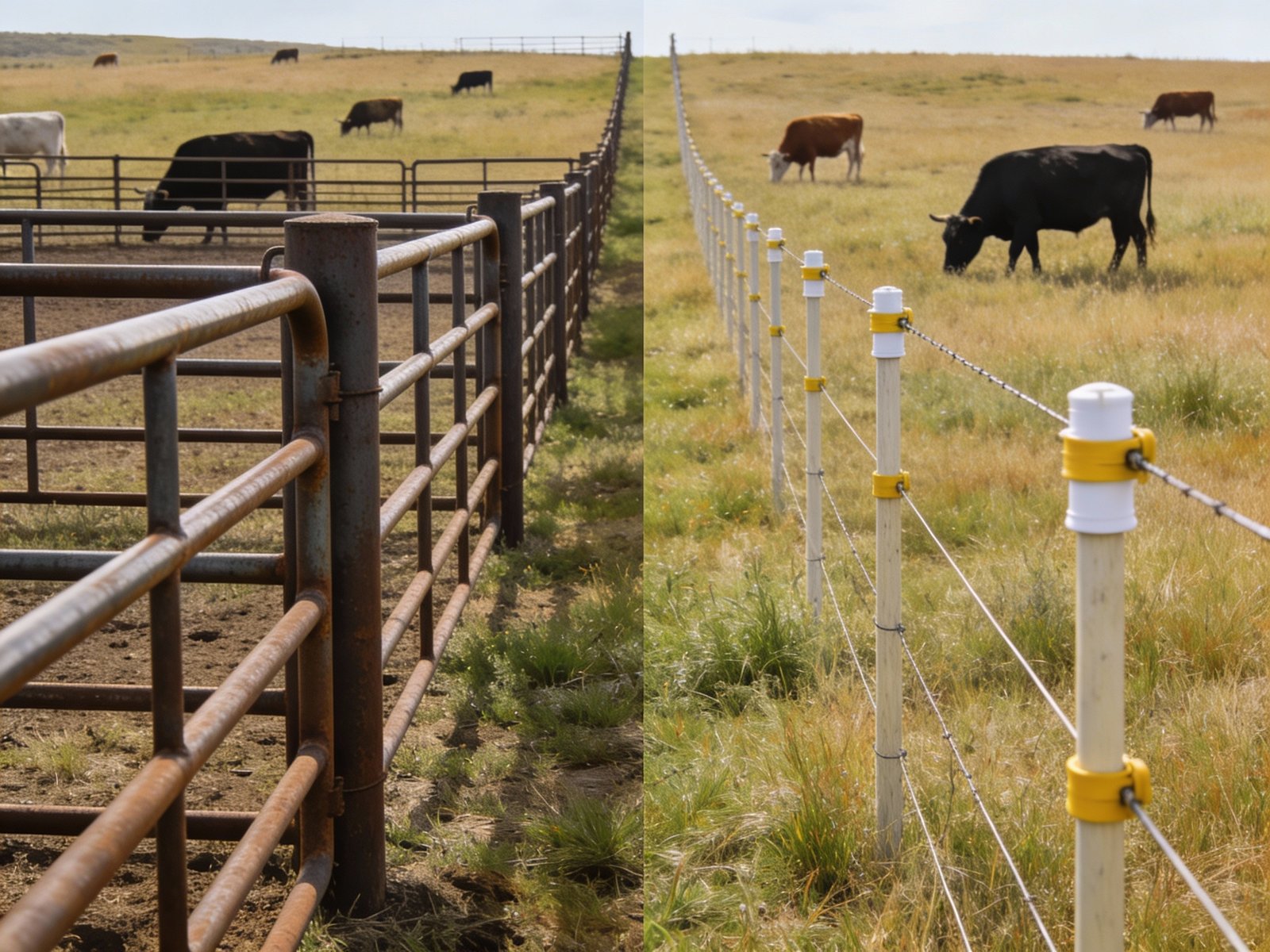 Heavy-duty pipe fencing versus lightweight electric fencing in separate cattle pastures