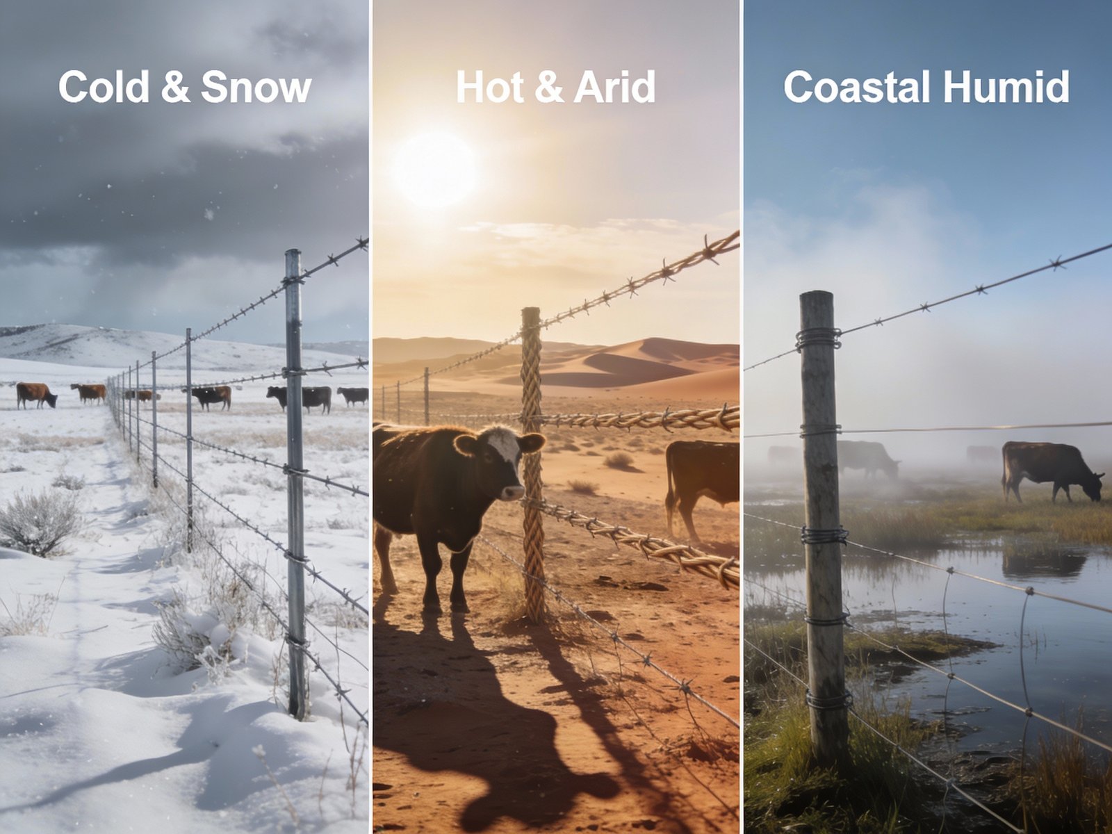 Cattle fencing across snowy, desert, and coastal climate zones