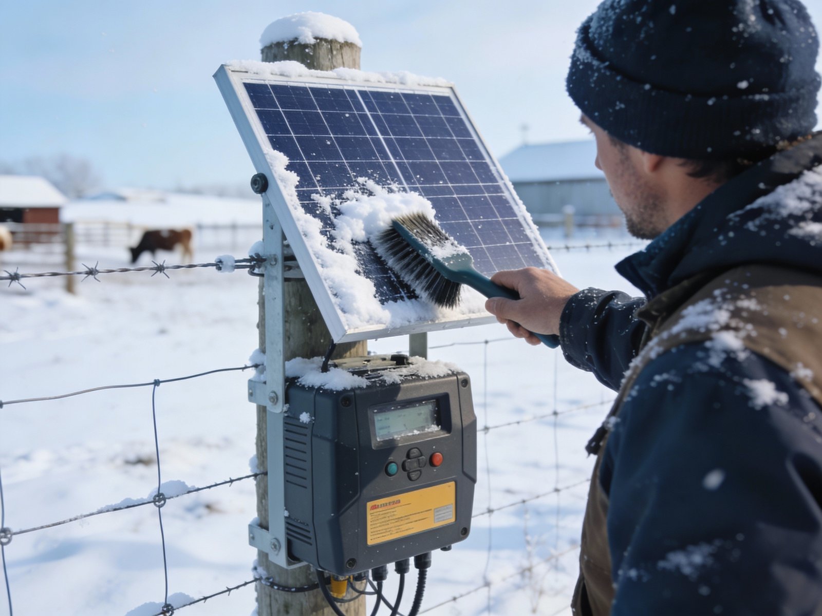 Solar fence energizer with snow being cleared from panel in winter