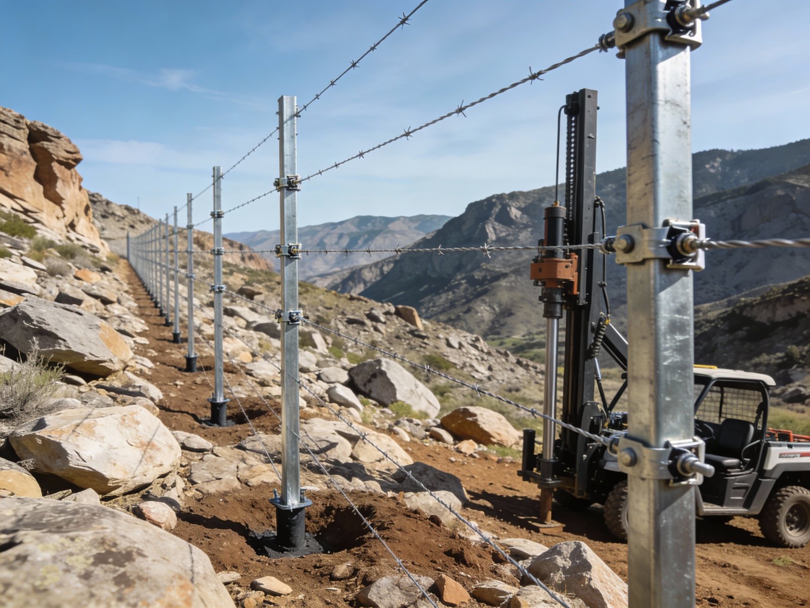 Professional fence installation on rocky terrain