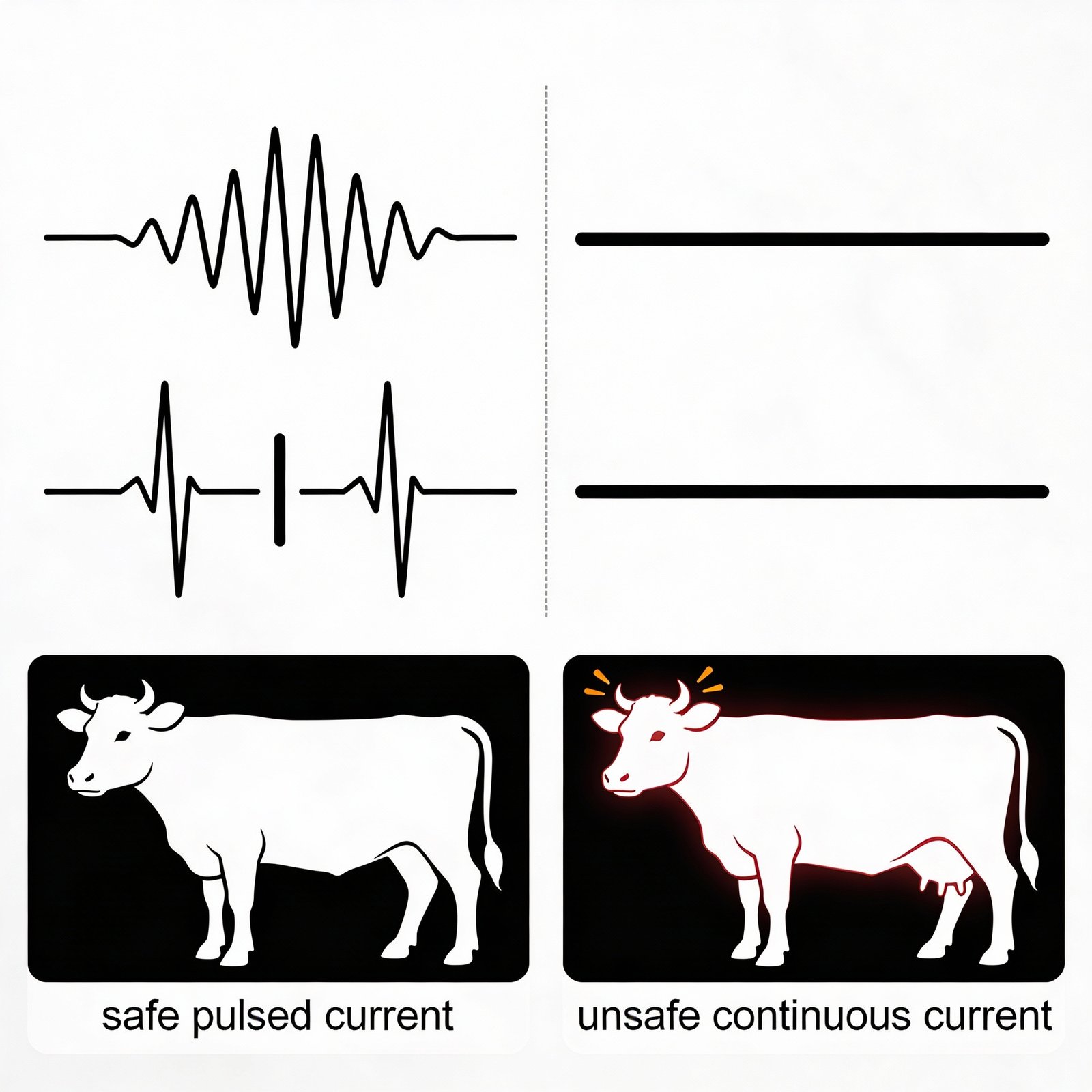Pulsed electric fence current compared to continuous current for safety