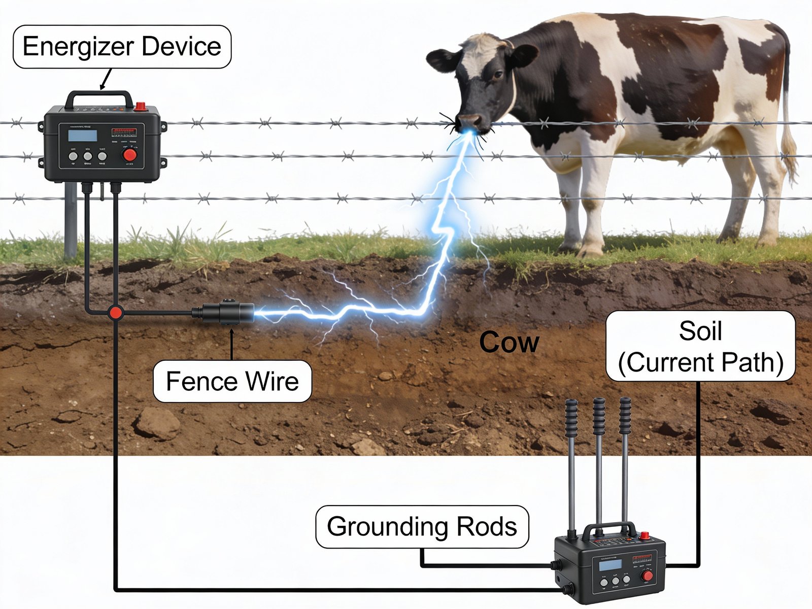 Electric fence circuit diagram showing energizer, fence wire, cow contact, and grounding system completing the circuit