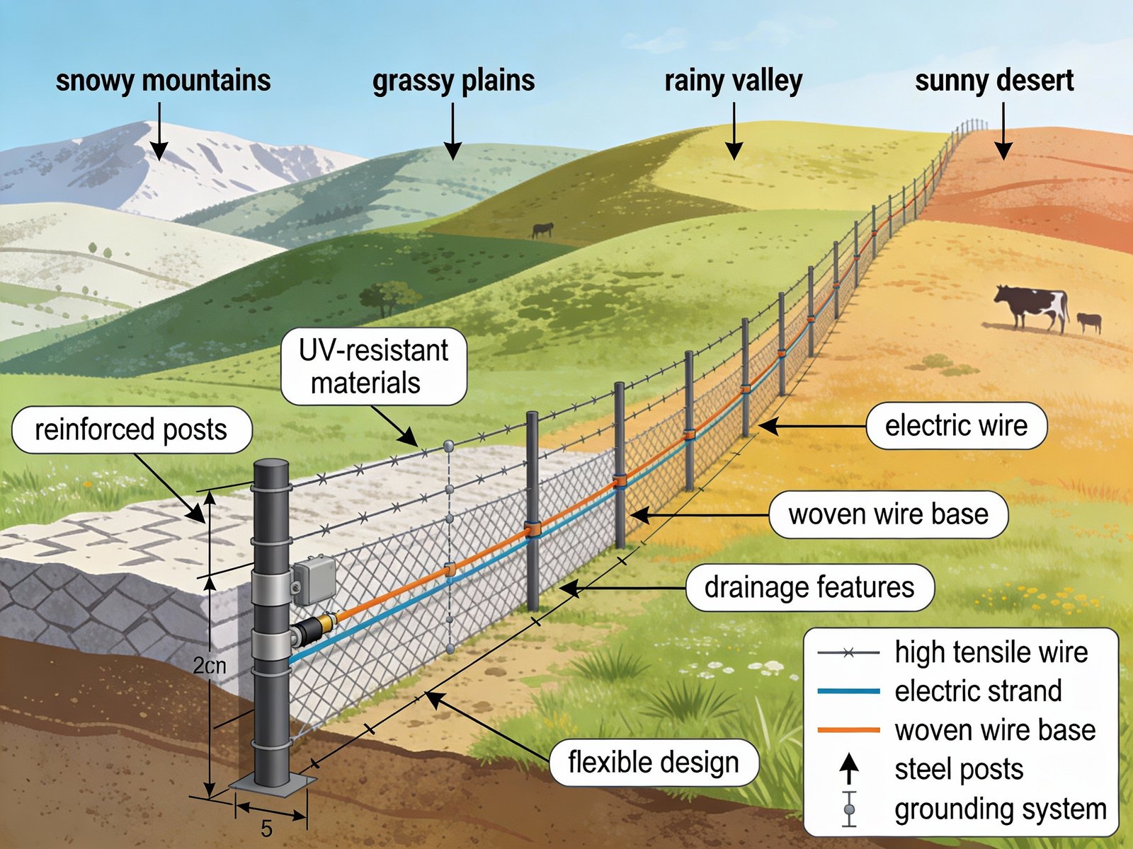 Hybrid cattle fence system spanning multiple climate conditions