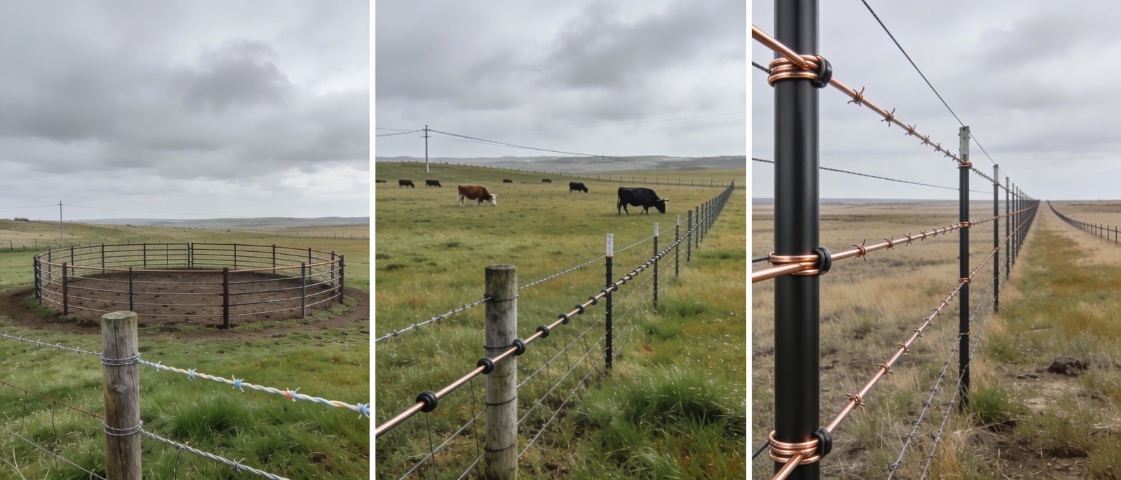 Electric fence conductor applications: short rotational paddock, medium pasture, and long perimeter fence