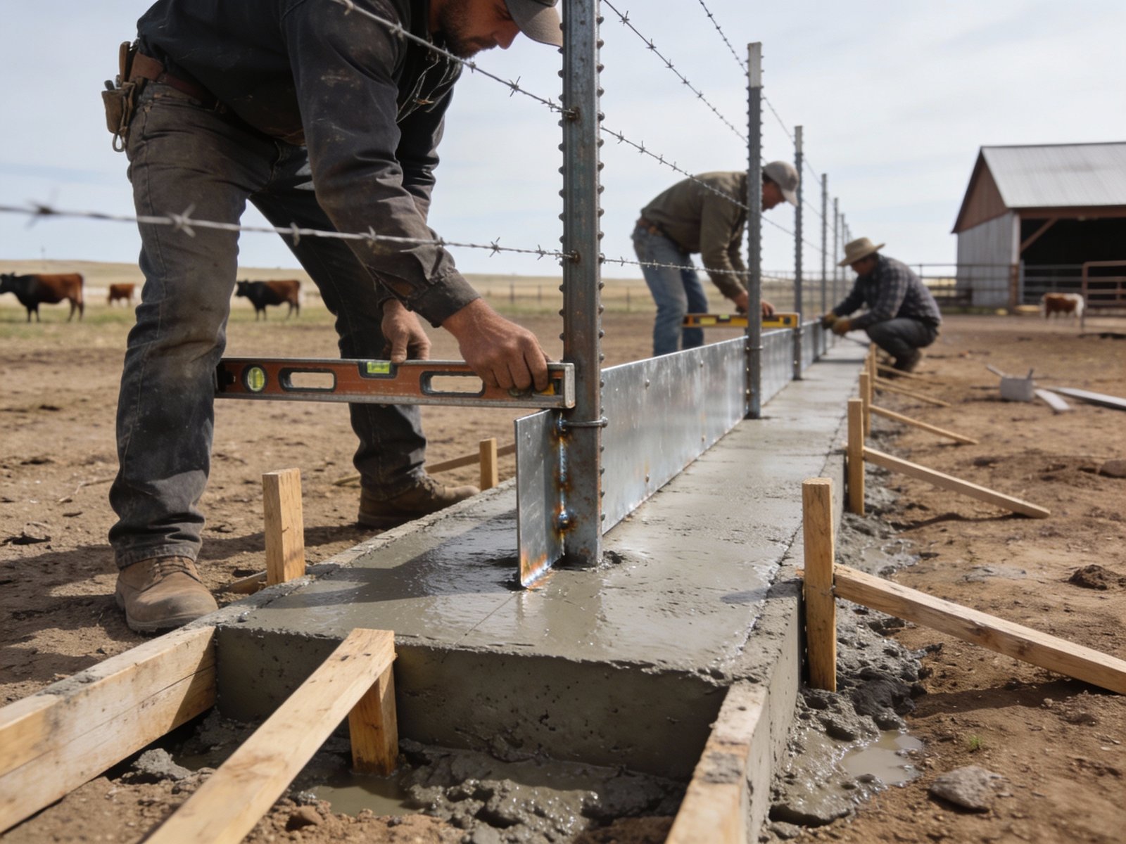 Pipe and panel cattle fencing installation with posts set in concrete