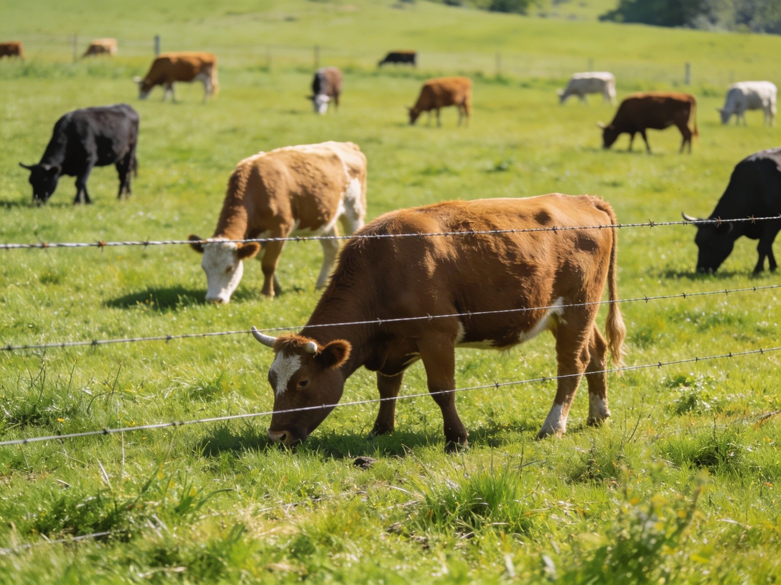 Trained cattle grazing calmly inside single-wire electric fence