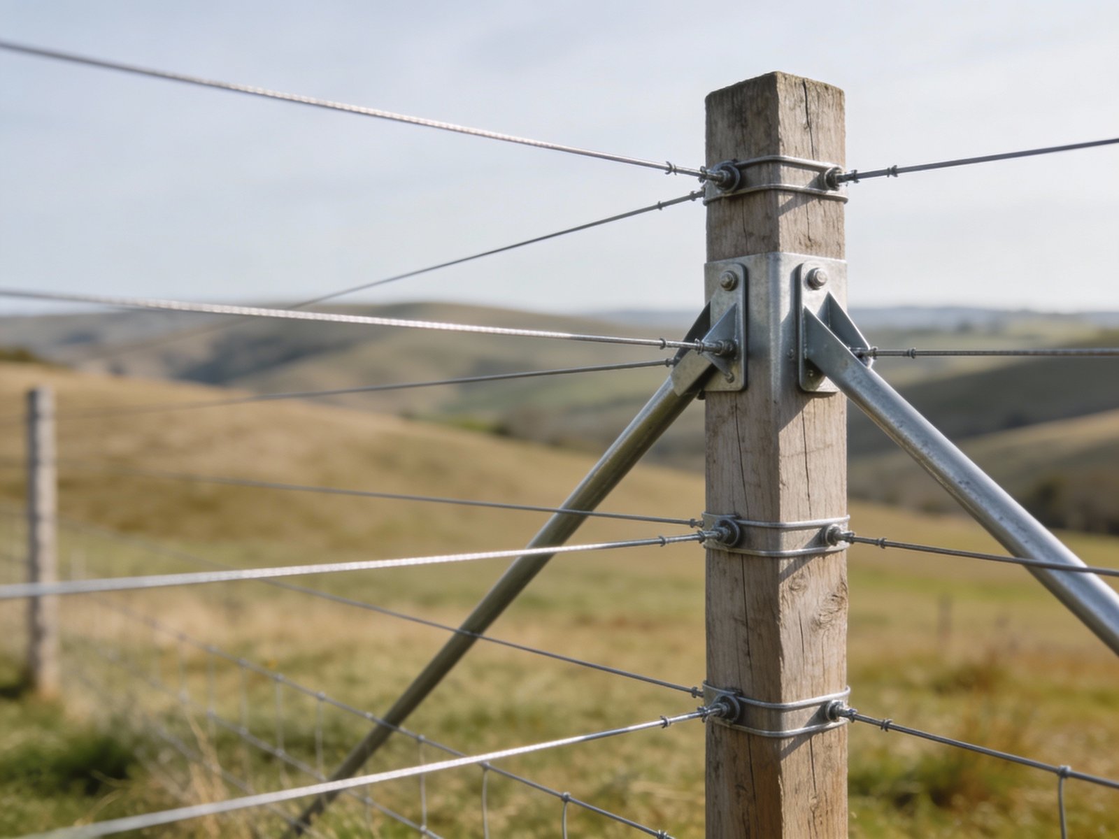 Diagram of high tensile cattle fence strand heights with braced corner posts
