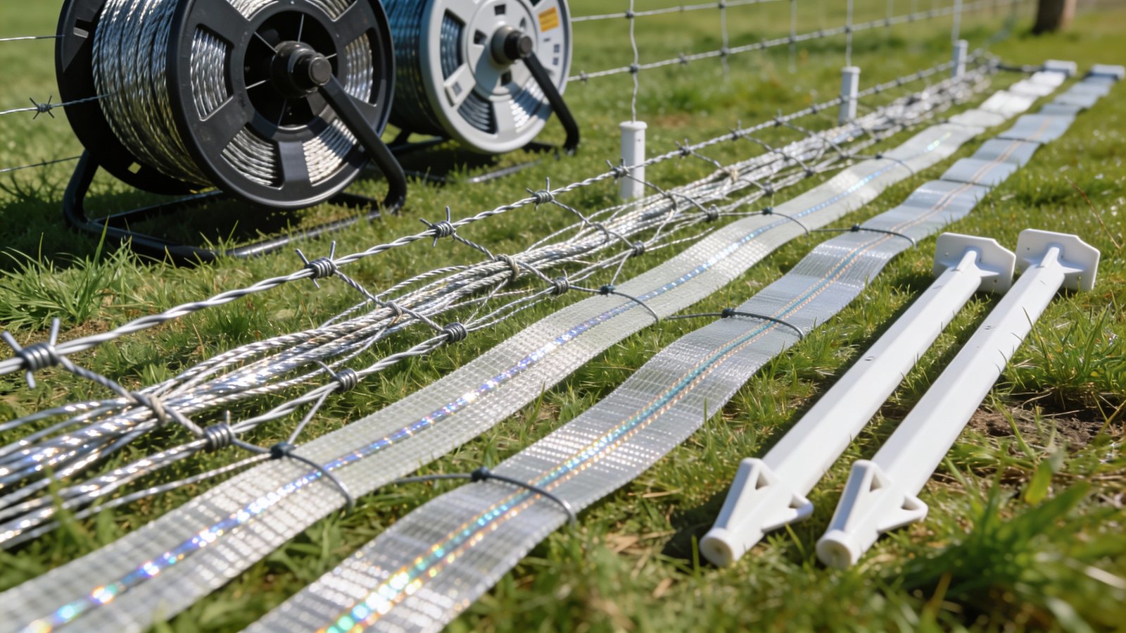 Polywire, polytape, and step-in posts used in portable electric fencing systems