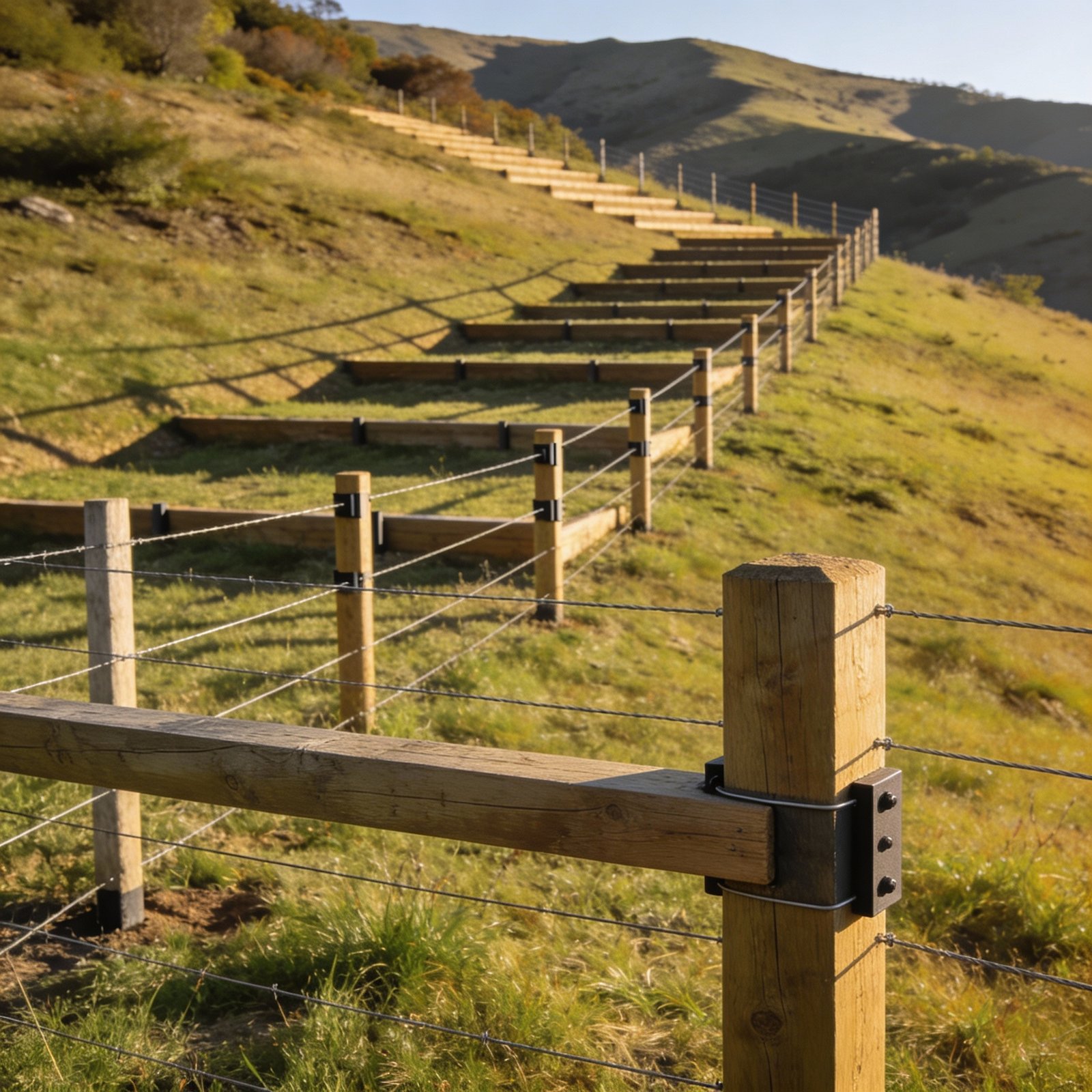 Step-down fence installation on steep hillside
