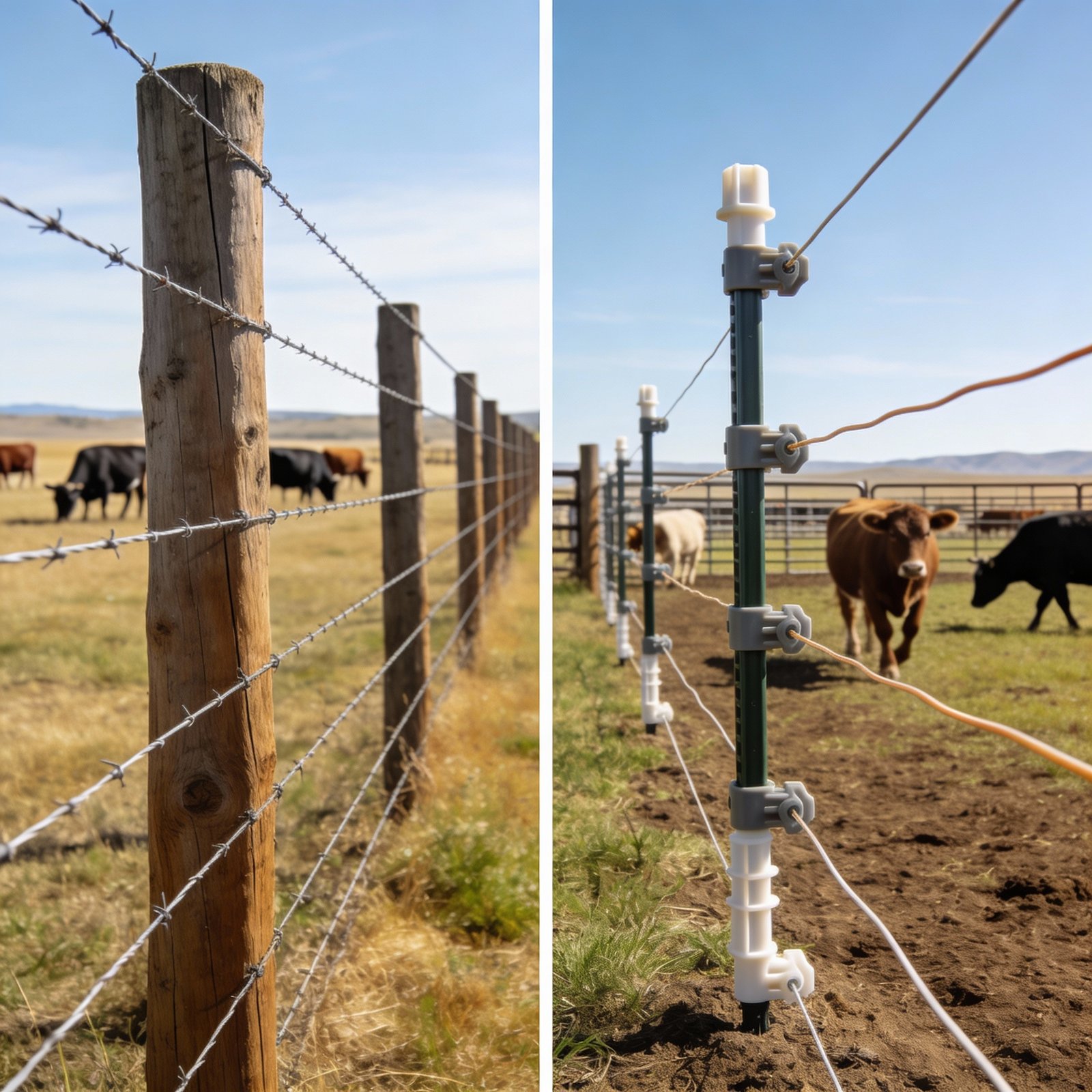 Side-by-side comparison of permanent electric cattle fencing with wooden posts and straight lines versus temporary electric fencing with plastic step-in posts and flexible polywire for rotational grazing
