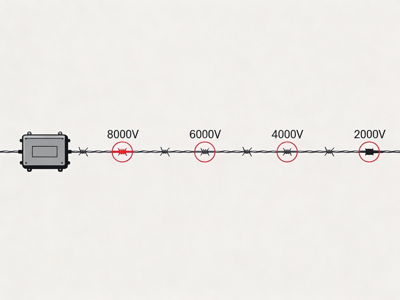 Diagram showing voltage drop along a long electric fence due to conductor resistance