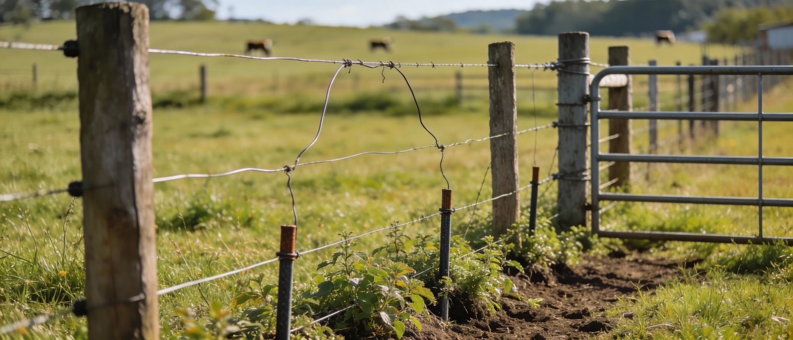 Electric cattle fence with visible installation errors in a rural farm setting