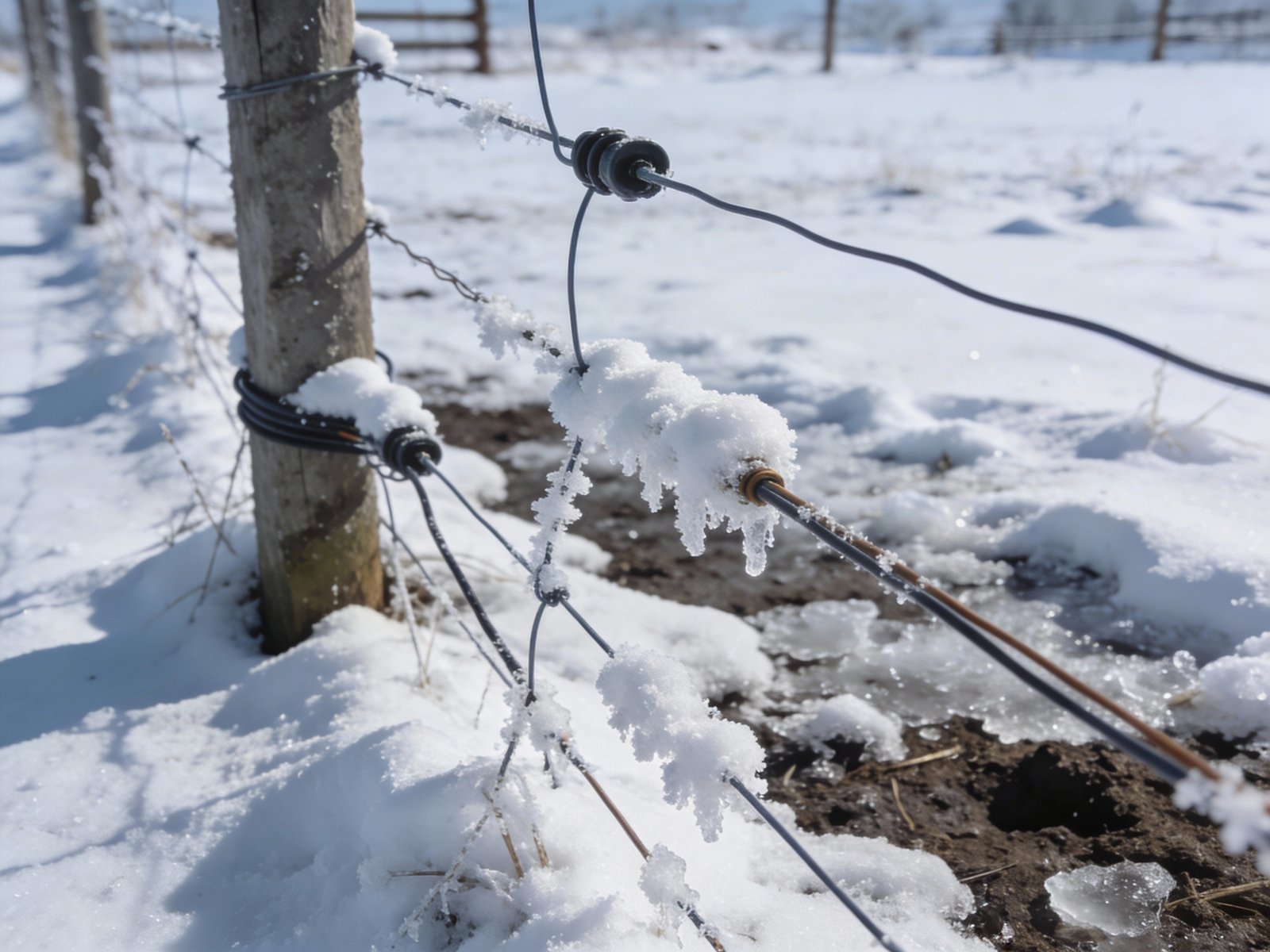 Electric fence with hot and ground wire system in winter with frozen ground