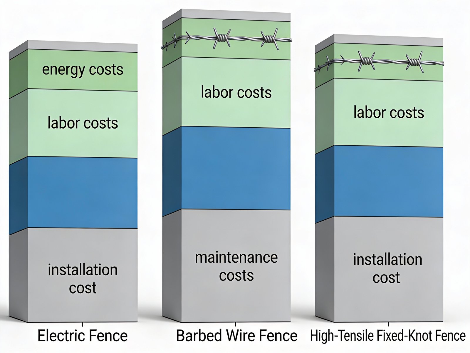 30-year total cost of ownership comparison showing electric fence with lowest cumulative cost, followed by high-tensile fixed-knot, then barbed wire with highest total expense