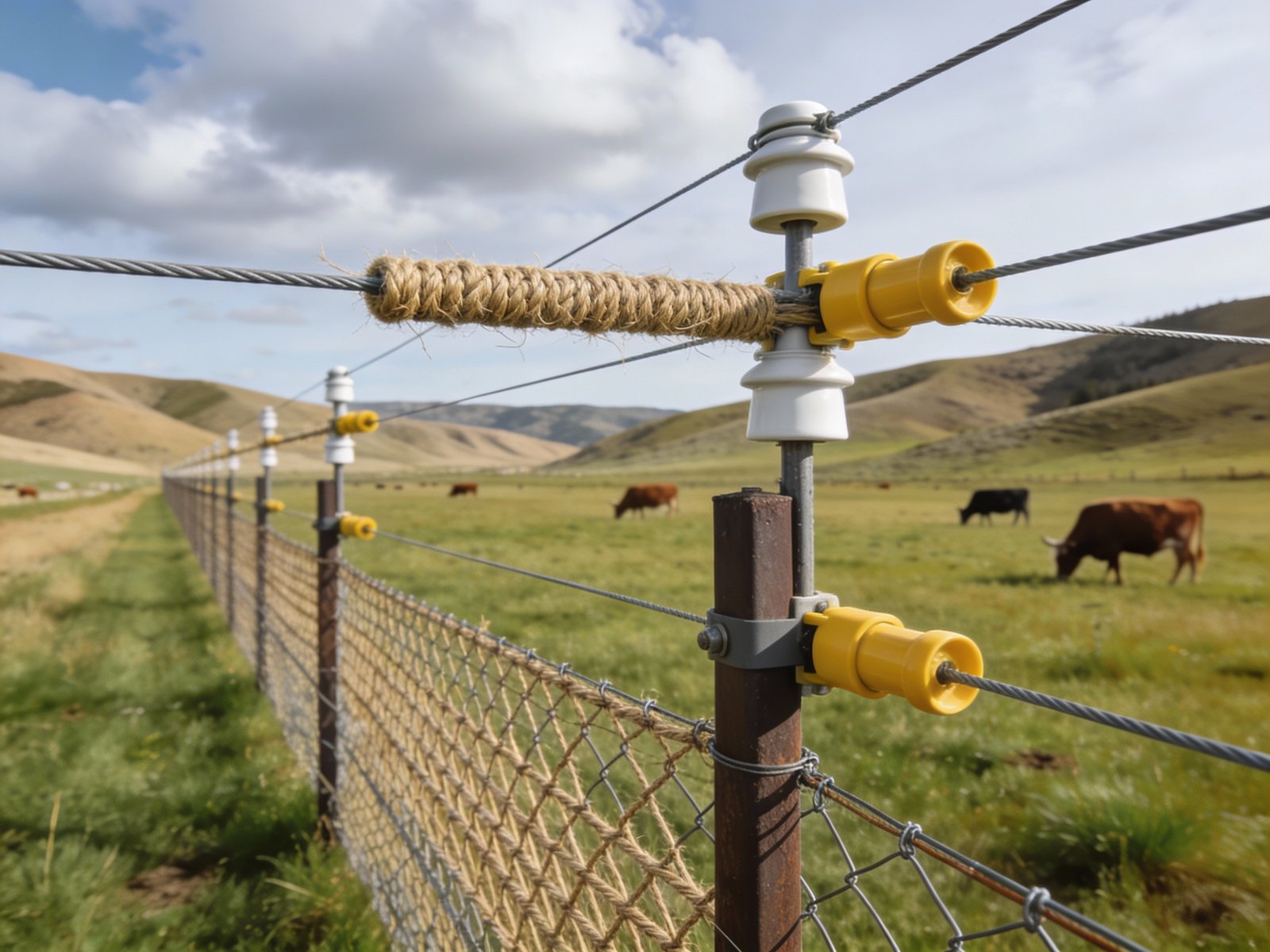 Hybrid cattle fence system combining woven wire and electric offset across varied pasture terrain