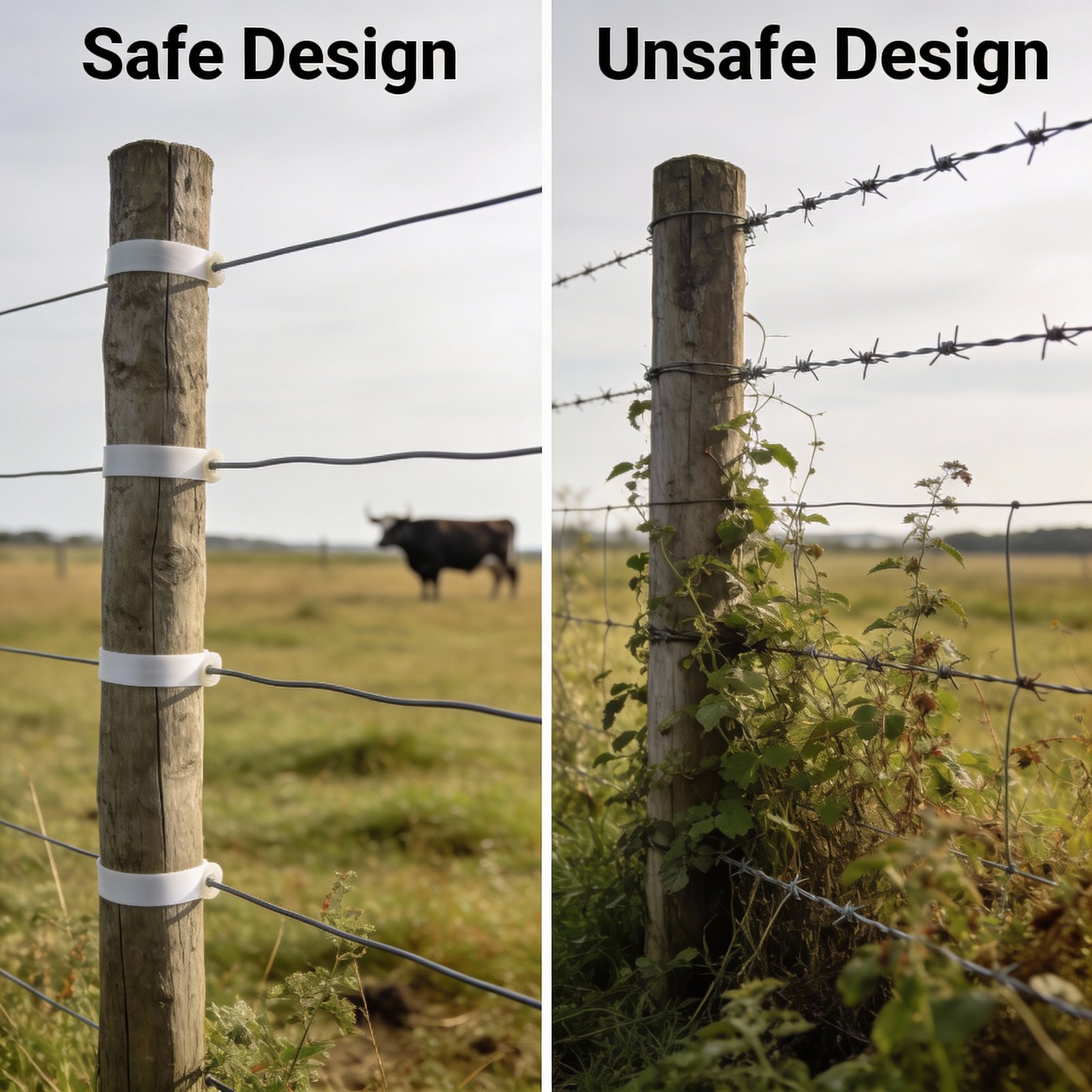 Safe vs unsafe electric fence design for cattle