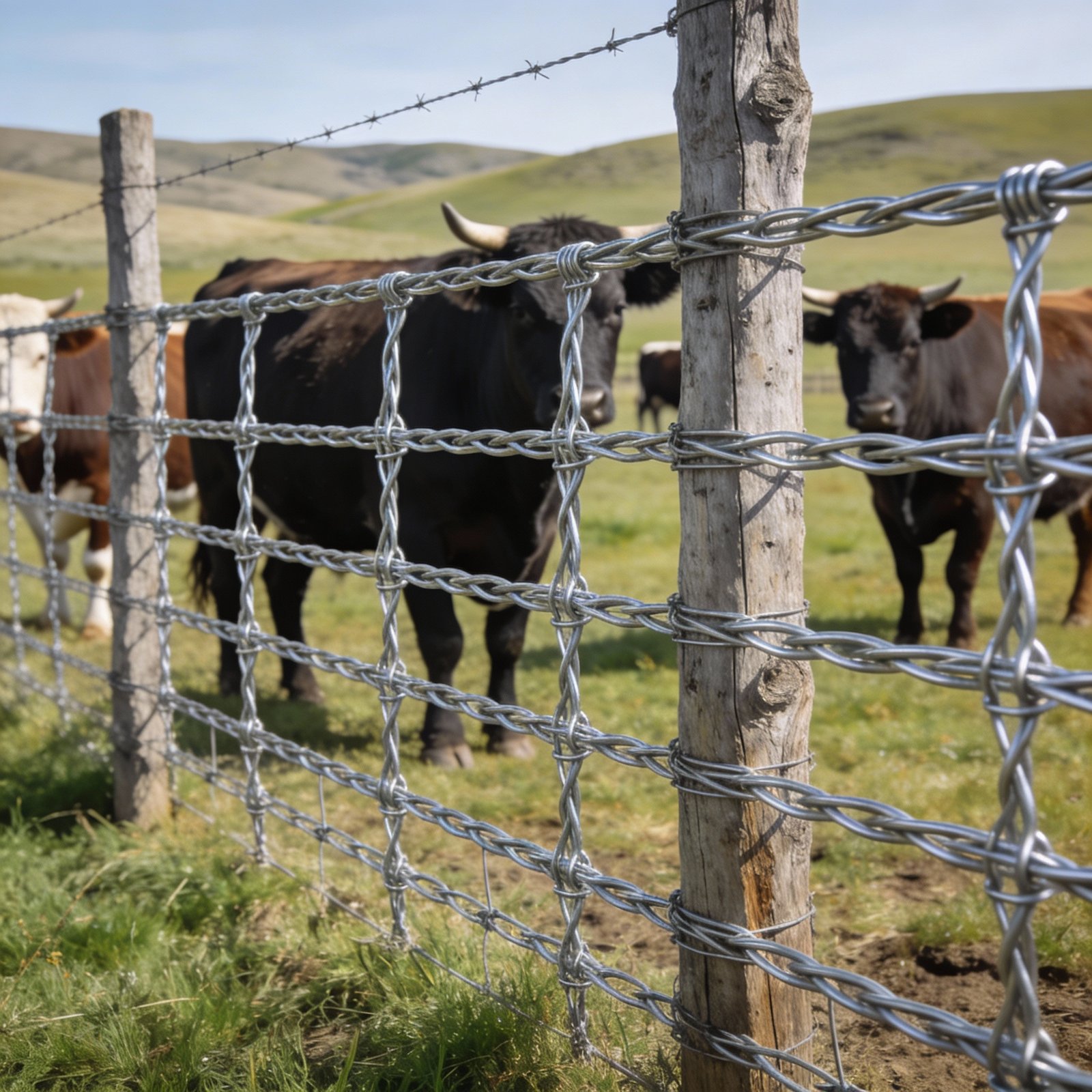 Woven wire cattle fence used for livestock containment in pasture