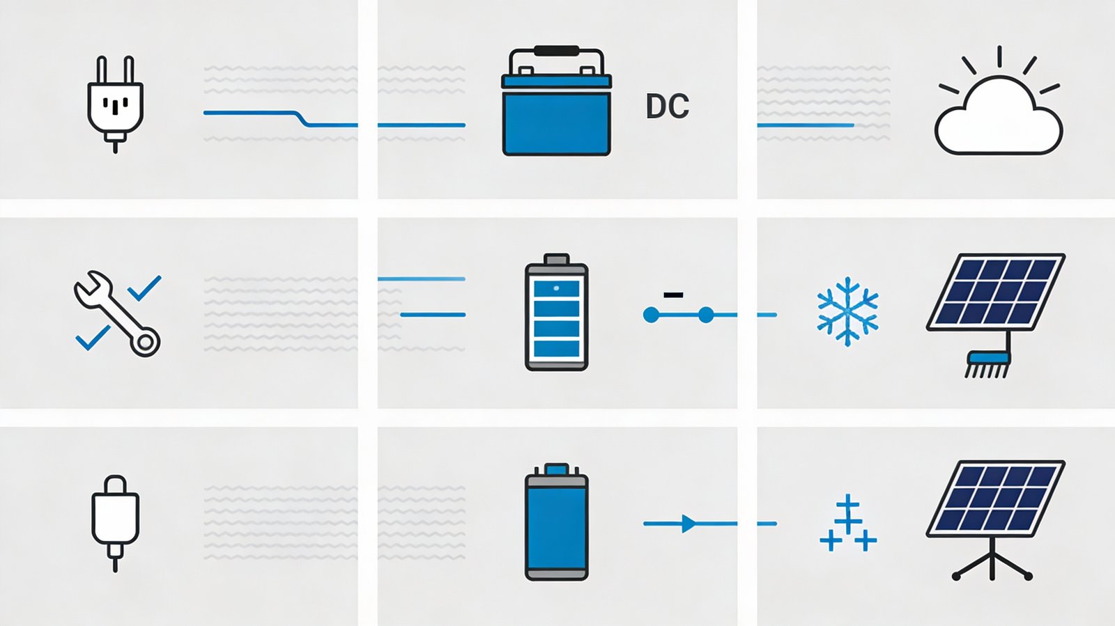 Visual comparison of AC, DC battery, and solar energizer characteristics