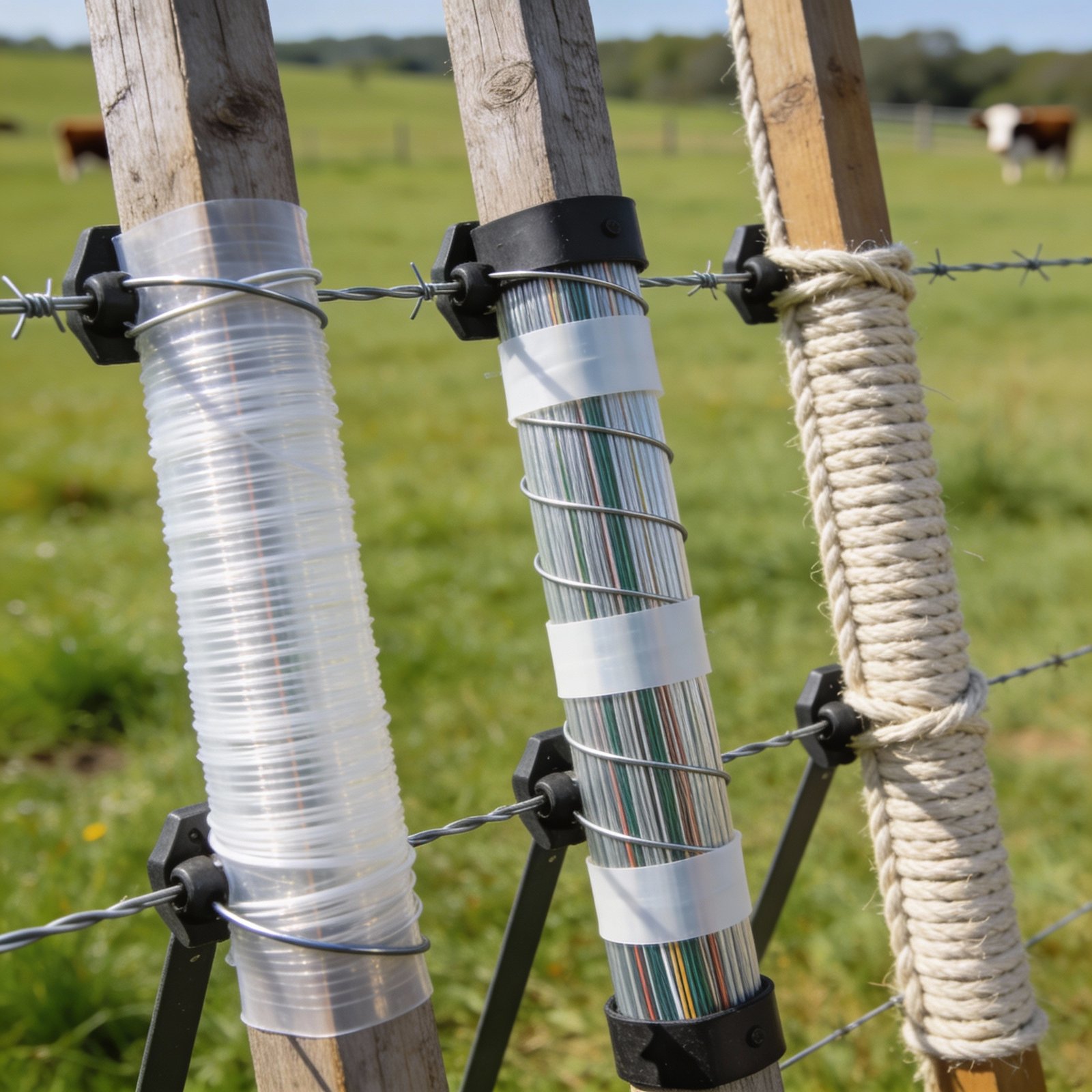 Side-by-side comparison of poly wire, poly tape, and poly rope showing differences in thickness, visibility, and structure