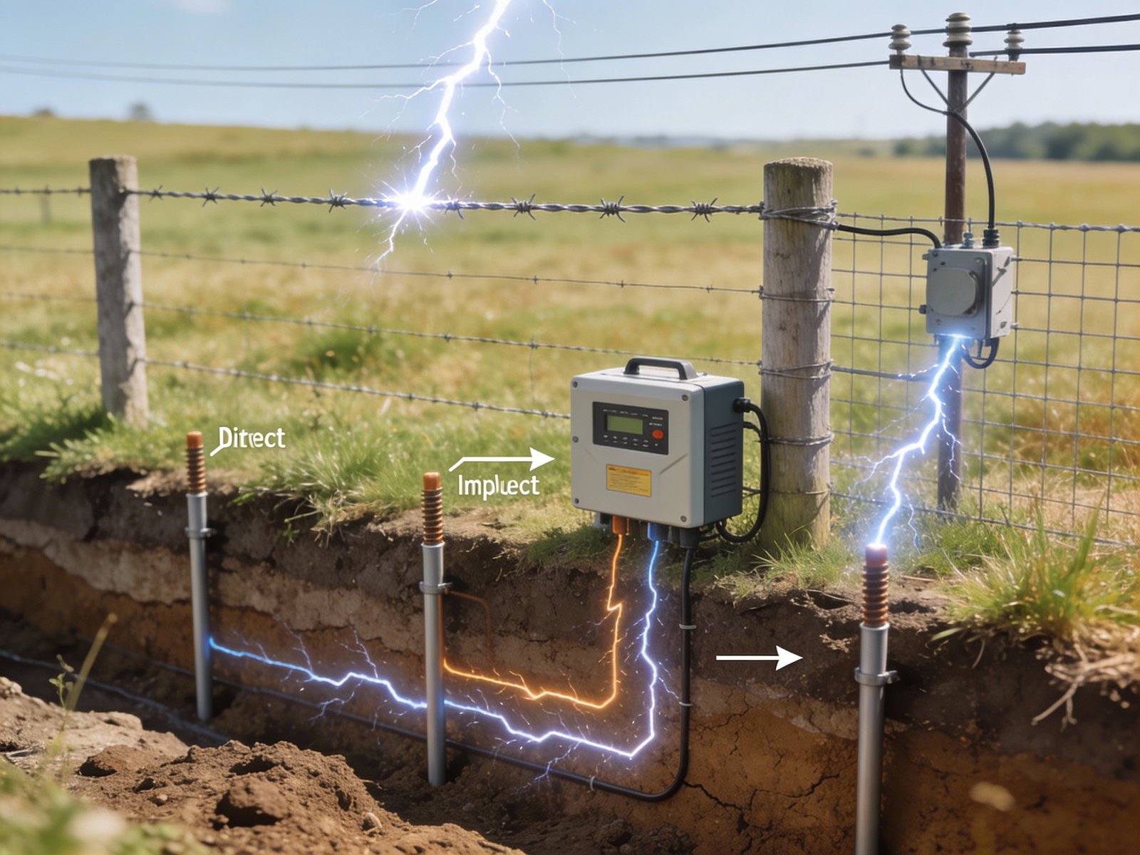 Lightning and surge energy paths in electric fence systems showing direct strike, ground-induced surge, and grid-side surge entry points