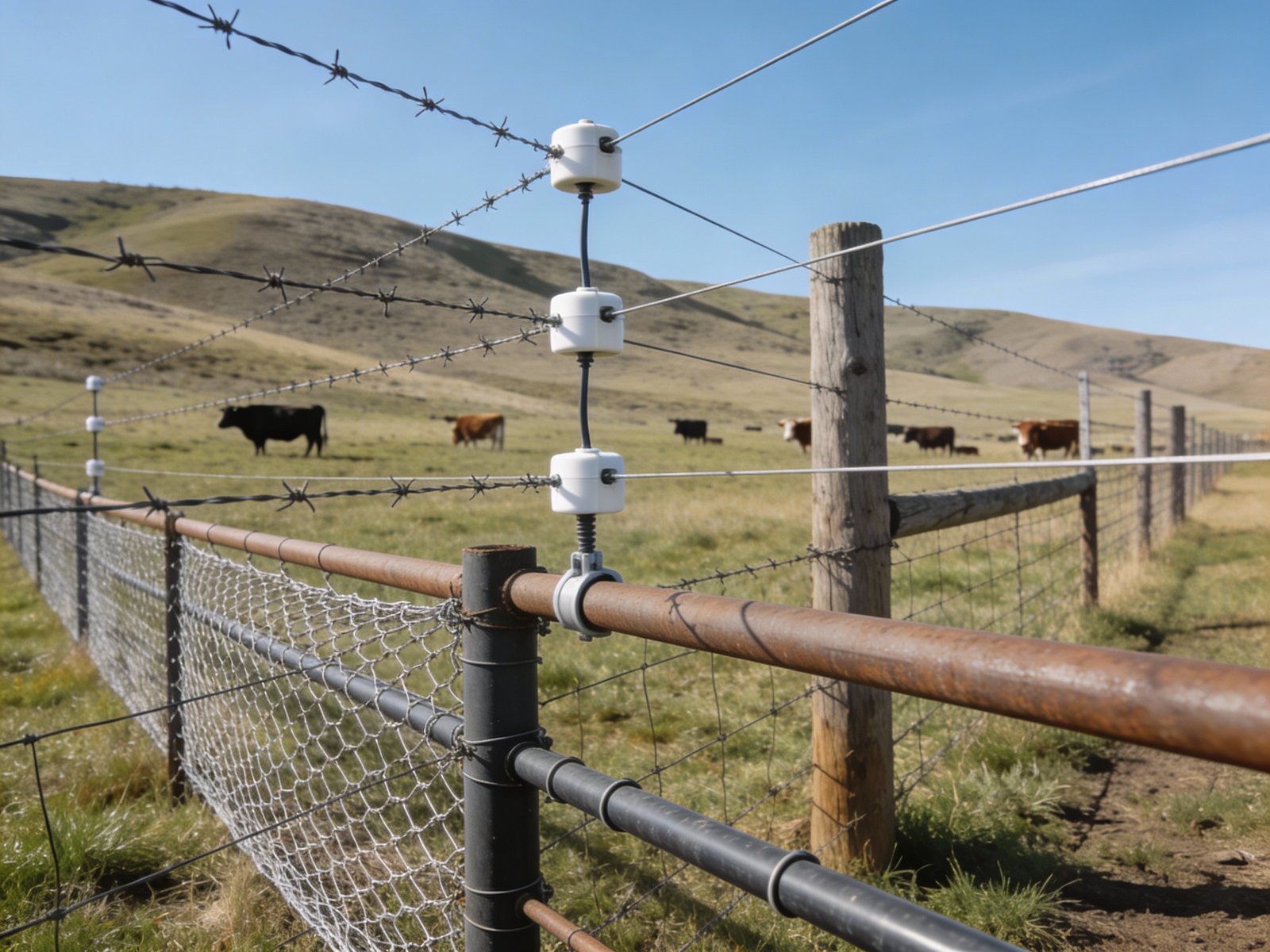 Multiple cattle fencing types shown side by side in ranch landscape